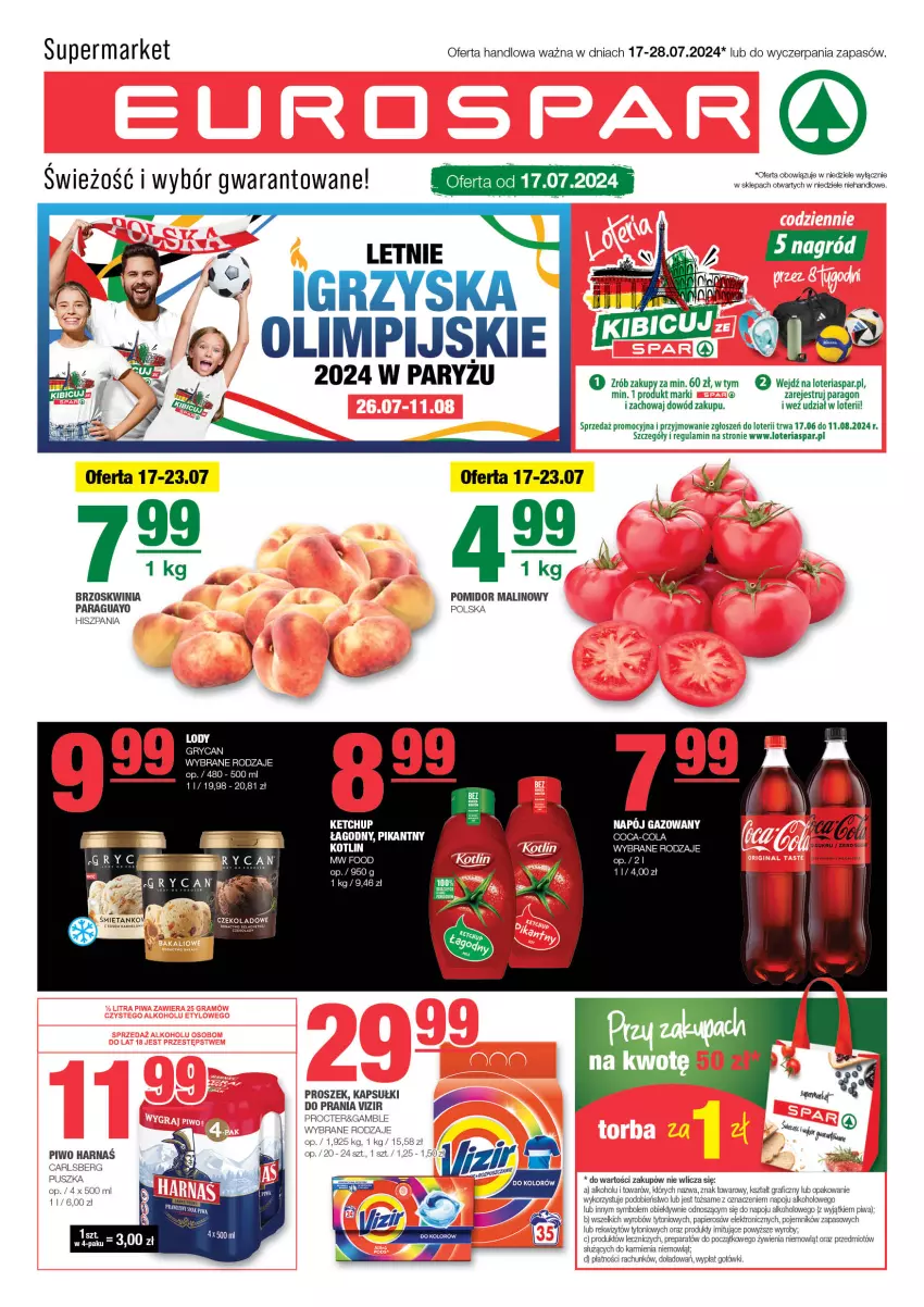 Gazetka promocyjna Spar - EuroSpar - ważna 14.07 do 24.07.2024 - strona 1 - produkty: Carlsberg, Gra, Gry, Harnaś, Kapsułki do prania, Karmi, Ketchup, Kotlin, Obiektyw, Papier, Piwa, Piwo, Pojemnik, Pomidor malinowy, Ryż, Vizir, Znicz