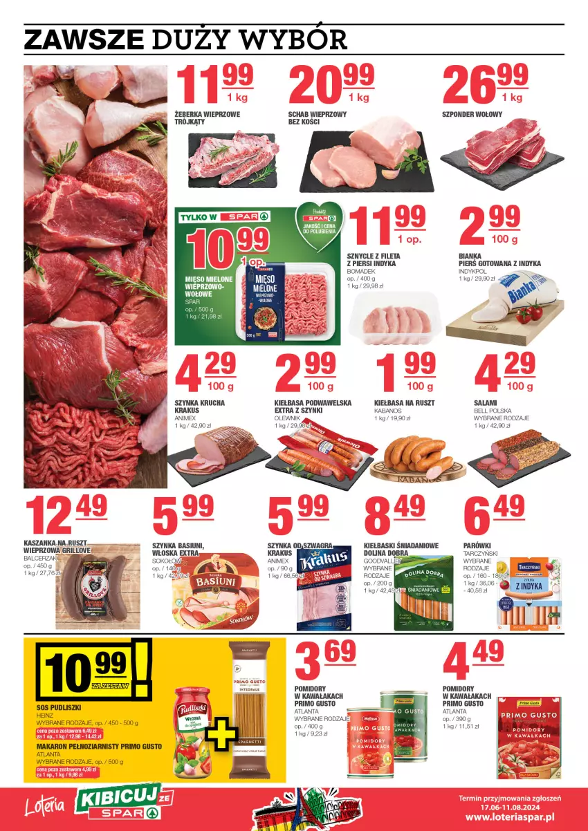 Gazetka promocyjna Spar - EuroSpar - ważna 14.07 do 24.07.2024 - strona 4 - produkty: Bell, Bianka, Danio, Gres, Kabanos, Kawa, Kiełbasa, Kiełbasa podwawelska, Krakus, Makaron, Olewnik, Parówki, Pomidory, Salami, Schab wieprzowy, Sok, Sokołów, Szponder wołowy, Szynka, Tarczyński, Wawel