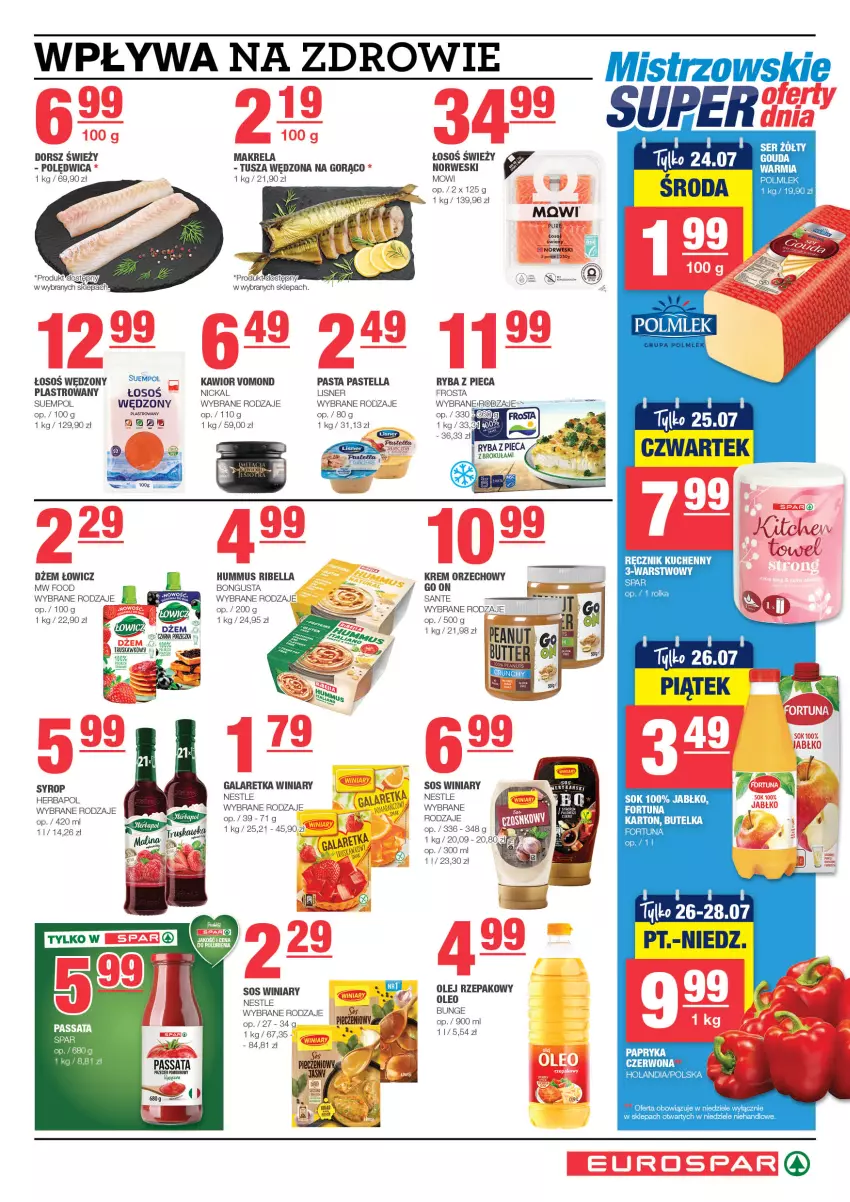 Gazetka promocyjna Spar - EuroSpar - ważna 14.07 do 24.07.2024 - strona 5 - produkty: Bell, Bella, Dorsz, Dżem, Fortuna, Frosta, Gala, Galaretka, Herbapol, Hummus, Kawior, Krem orzechowy, Lisner, Mus, Olej, Olej rzepakowy, Pastella, Piec, Polędwica, POLMLEK, Por, Pur, Ręcznik, Ręcznik kuchenny, Ryba, Sante, Sok, Sos, Suempol, Syrop, Tusz, Winiary, Zdrowie