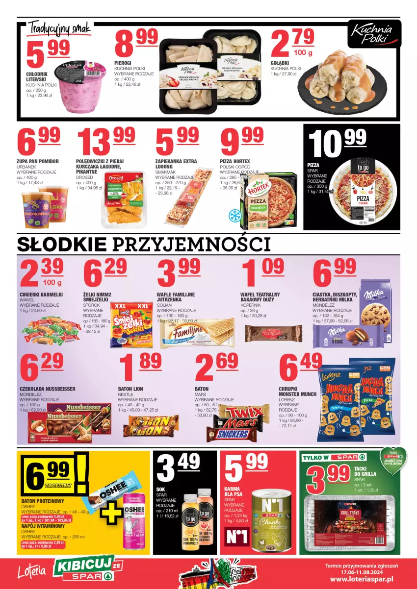 Gazetka promocyjna Spar - EuroSpar - ważna 14.07 do 24.07.2024 - strona 6 - produkty: Baton, Biszkopty, Chrupki, Ciastka, Cukier, Cukierki, Czekolada, Fa, Herbatniki, Hortex, Jutrzenka, Kakao, Kuchnia, Kurczak, Lion, Lorenz, Mars, Milka, Monster Munch, Napój, Nimm2, Ogród, Oshee, Pierogi, Pizza, Ser, Sok, Wafle, Wawel, Zapiekanka, Zupa