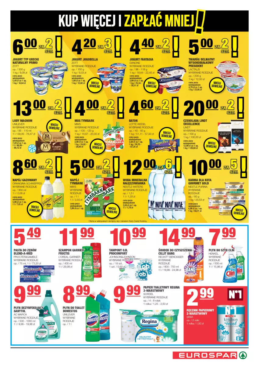 Gazetka promocyjna Spar - EuroSpar - ważna 14.07 do 24.07.2024 - strona 7 - produkty: Baton, Bell, Bella, Blend-a-Med, Cillit Bang, Czekolada, Danone, Domestos, Fa, Fanta, Fructis, Garnier, Gin, Gourmet Gold, Jogobella, Jogurt, Lindt, Lody, Mus, Nałęczowianka, Napój, Napój gazowany, Noż, Papier, Papier toaletowy, Pasta do zębów, Płyn do szyb, Pur, Purina, Ręcznik, Rolki, Schweppes, Ser, Sok, Tampony, Tera, Twaróg, Twaróg delikatny, Tymbark, Woda, Woda mineralna, Zott