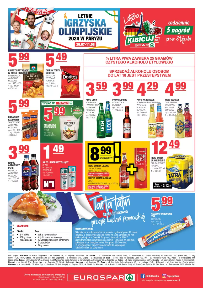 Gazetka promocyjna Spar - EuroSpar - ważna 14.07 do 24.07.2024 - strona 8 - produkty: Carlsberg, Chipsy, Ciasto francuskie, Coca-Cola, Dzieci, Fa, Gra, Jabłka, Kabanos, Klej, Kosz, Napój, Pepsi, Piec, Piekarnik, Piwo, Przysnacki, Rum, Ryż, Sok, Sos, Syrop, Tarczyński, Tatra, Tortilla, Warka