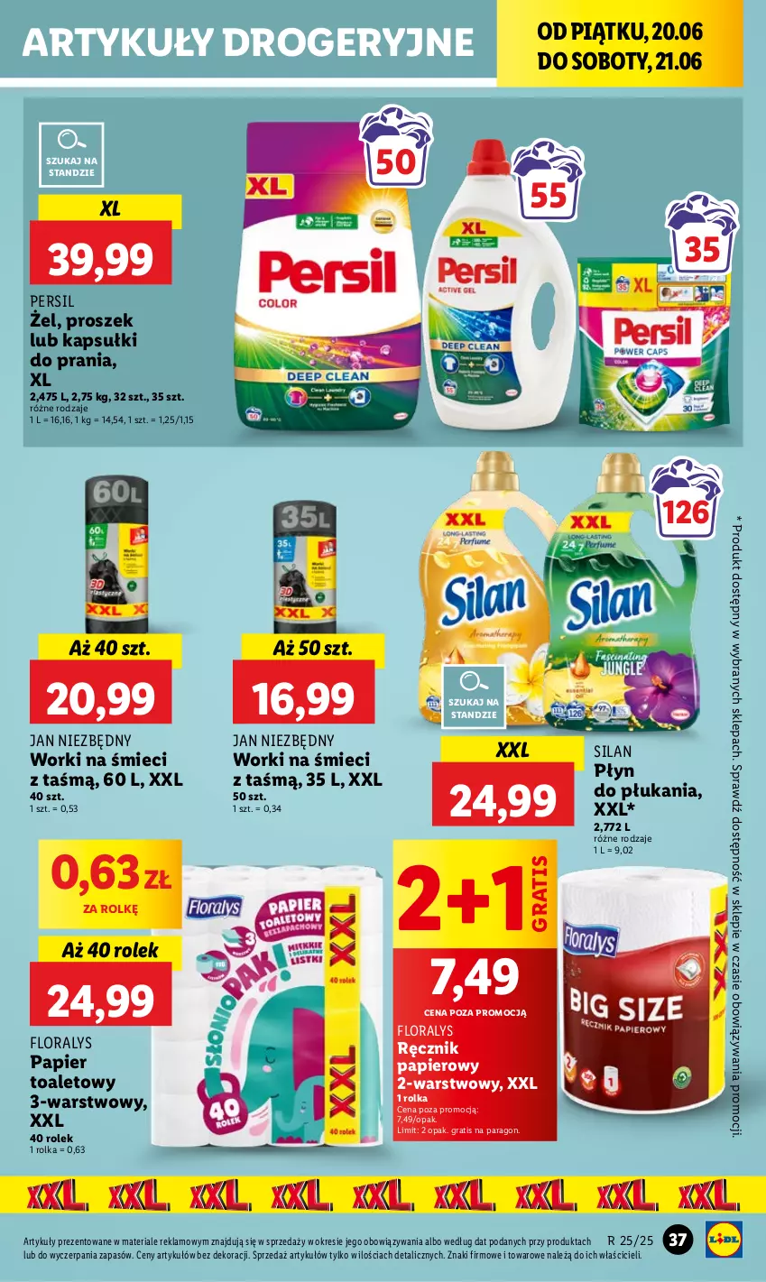 Gazetka promocyjna Lidl - GAZETKA - ważna 20.06 do 21.06.2025 - strona 47 - produkty: Flora, Gra, Jan Niezbędny, Kapsułki do prania, Papier, Papier toaletowy, Persil, Płyn do płukania, Ręcznik, Silan, Worki na śmiec, Worki na śmieci