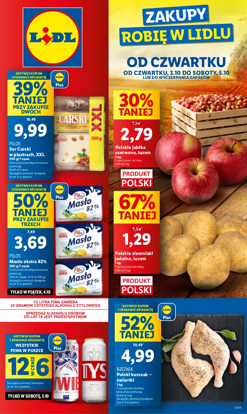 Gazetka promocyjna Lidl - GAZETKA - ważna 03.10 do 05.10.2024 - strona 1 - produkty: Cars, Jabłka, Kurczak, Masło, Pilos, Piwa, Ser, Ziemniaki