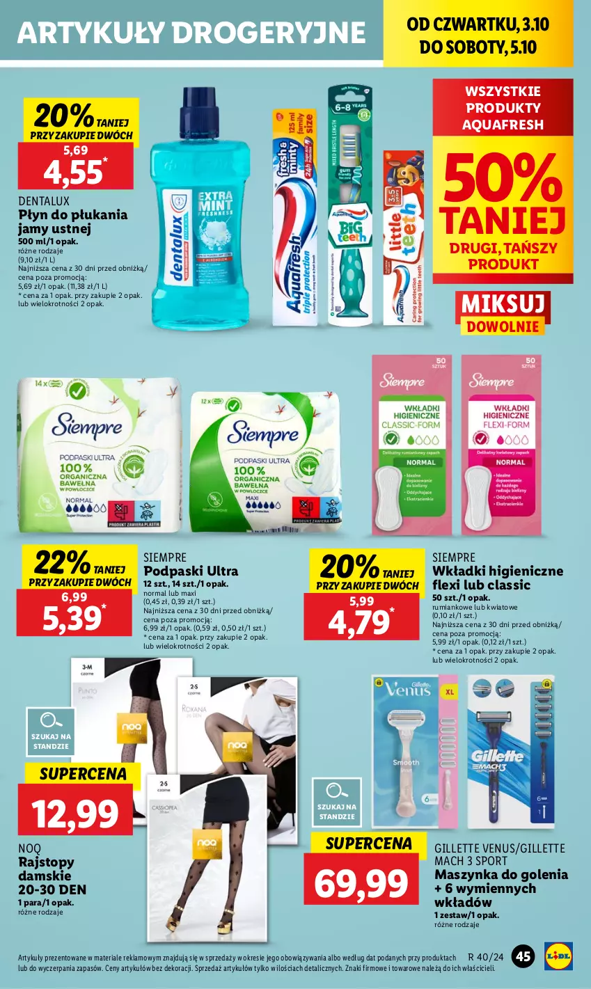 Gazetka promocyjna Lidl - GAZETKA - ważna 03.10 do 05.10.2024 - strona 51 - produkty: Aquafresh, Gillette, Gillette Venus, Maszynka, Maszynka do golenia, Płyn do płukania, Płyn do płukania jamy ustnej, Podpaski, Por, Rajstopy, Rum, Sport, Szynka, Top, Venus, Wkładki