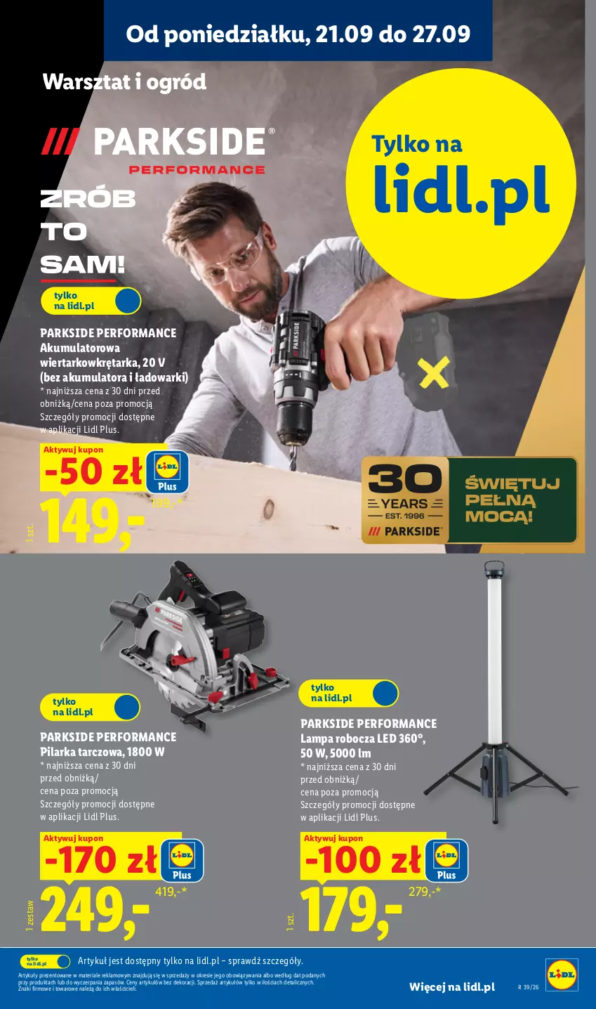 Gazetka promocyjna Lidl - Gazetka ważna od 21.09 do 26.09 - ważna 21.09 do 26.09.2026 - strona 29 - produkty: Akumulator, Akumulatorowa wiertarkowkrętark, Lampa, Lampa robocza LED, Ogród, Parkside, Pilarka tarczowa, Tarka, Wiertarkowkrętarka, Wkręt, Wkrętarka