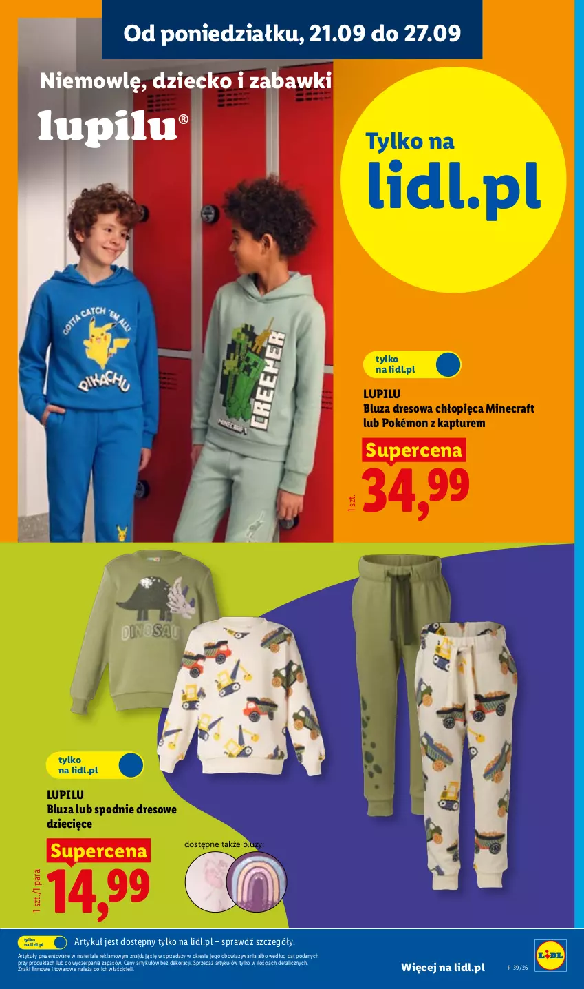 Gazetka promocyjna Lidl - Gazetka ważna od 21.09 do 26.09 - ważna 21.09 do 26.09.2026 - strona 9 - produkty: Bluza, Bluza dresowa, Dres, Dzieci, Minecraft, Pokémon, Spodnie, Spodnie dresowe