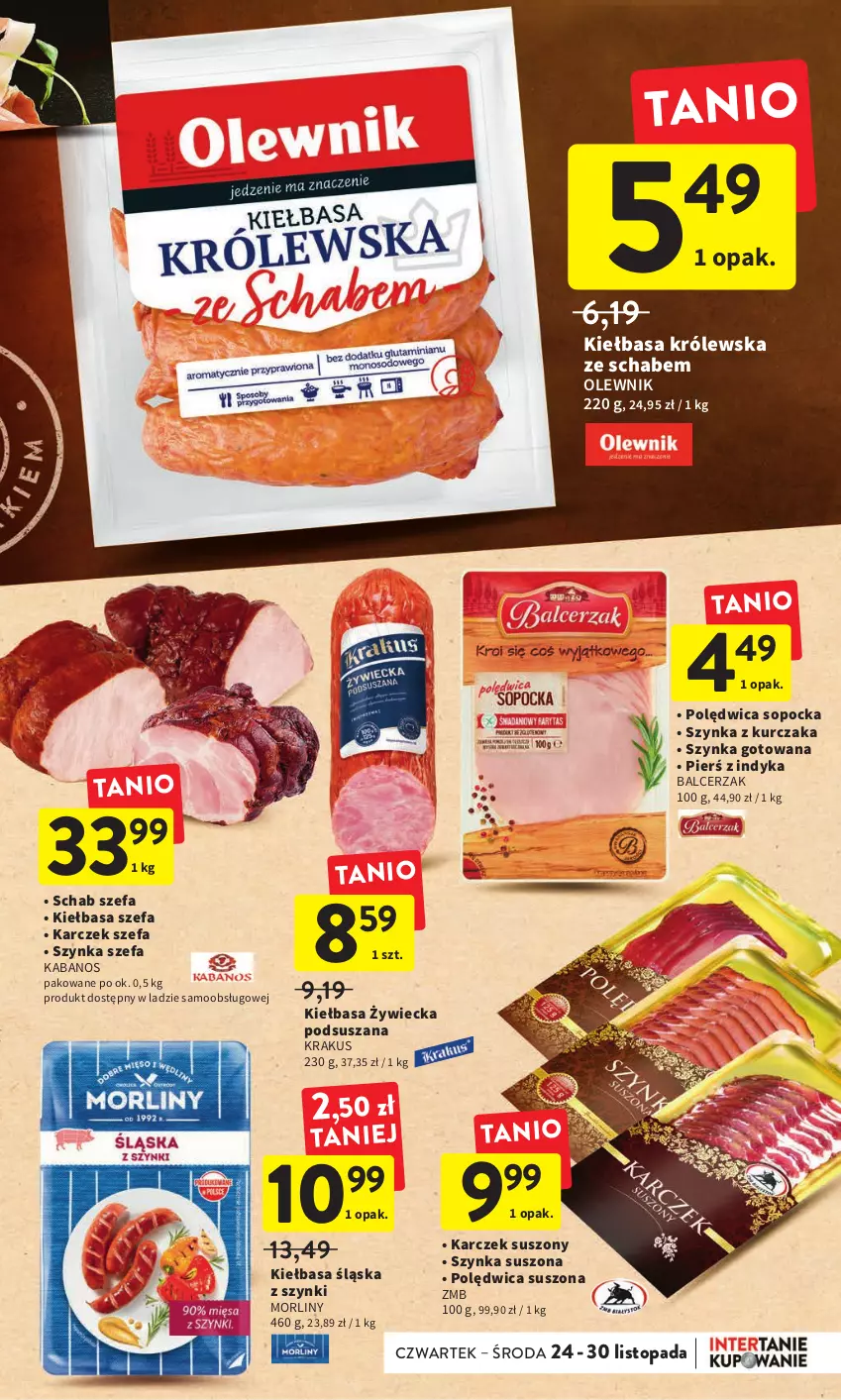 Gazetka promocyjna Intermarche - Gazetka Intermarche - ważna 24.11 do 30.11.2022 - strona 21 - produkty: Fa, Kabanos, Kiełbasa, Kiełbasa śląska, Krakus, Kurczak, Morliny, Olewnik, Polędwica, Szynka, Top