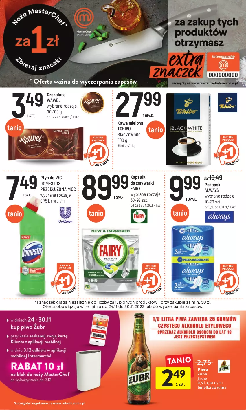 Gazetka promocyjna Intermarche - Gazetka Intermarche - ważna 24.11 do 30.11.2022 - strona 28 - produkty: Always, Czekolada, Domestos, Fa, Fairy, Gra, Kawa, Kawa mielona, Lack, Piwo, Płyn do wc, Podpaski, Tchibo, Wawel, Zmywarki