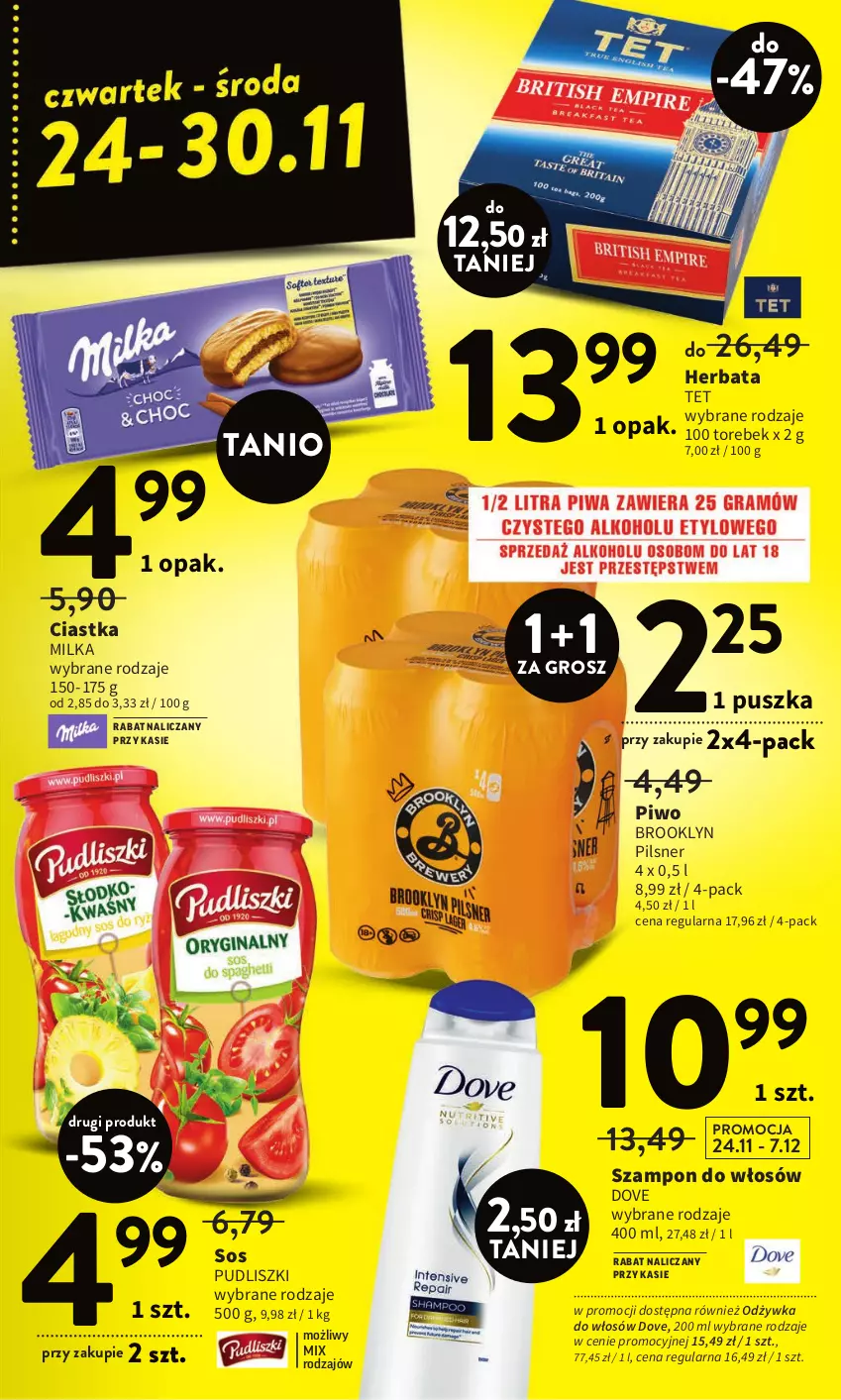 Gazetka promocyjna Intermarche - Gazetka Intermarche - ważna 24.11 do 30.11.2022 - strona 3 - produkty: Ciastka, Dove, Herbata, Milka, Odżywka, Piwo, Pudliszki, Sos, Szampon