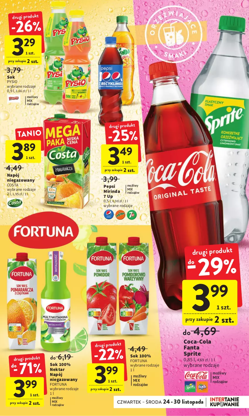 Gazetka promocyjna Intermarche - Gazetka Intermarche - ważna 24.11 do 30.11.2022 - strona 33 - produkty: Coca-Cola, Fa, Fanta, Fortuna, Mirinda, Napój, Napój niegazowany, Nektar, Pepsi, Sok, Sprite, Top