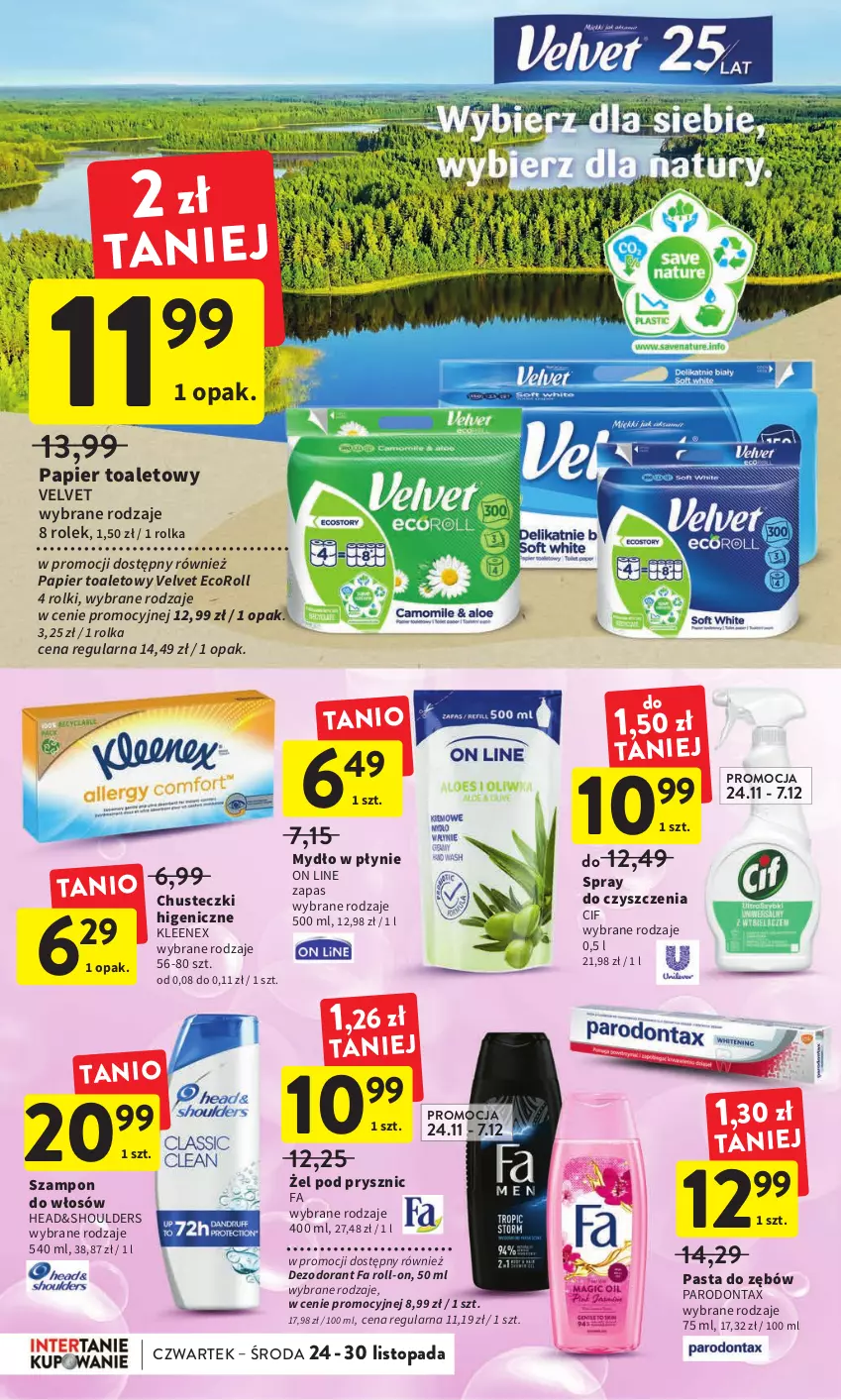 Gazetka promocyjna Intermarche - Gazetka Intermarche - ważna 24.11 do 30.11.2022 - strona 36 - produkty: Chusteczki, Cif, Dezodorant, Fa, Mydło, Mydło w płynie, Papier, Papier toaletowy, Parodontax, Pasta do zębów, Rolki, Spray do czyszczenia, Szampon, Top, Velvet