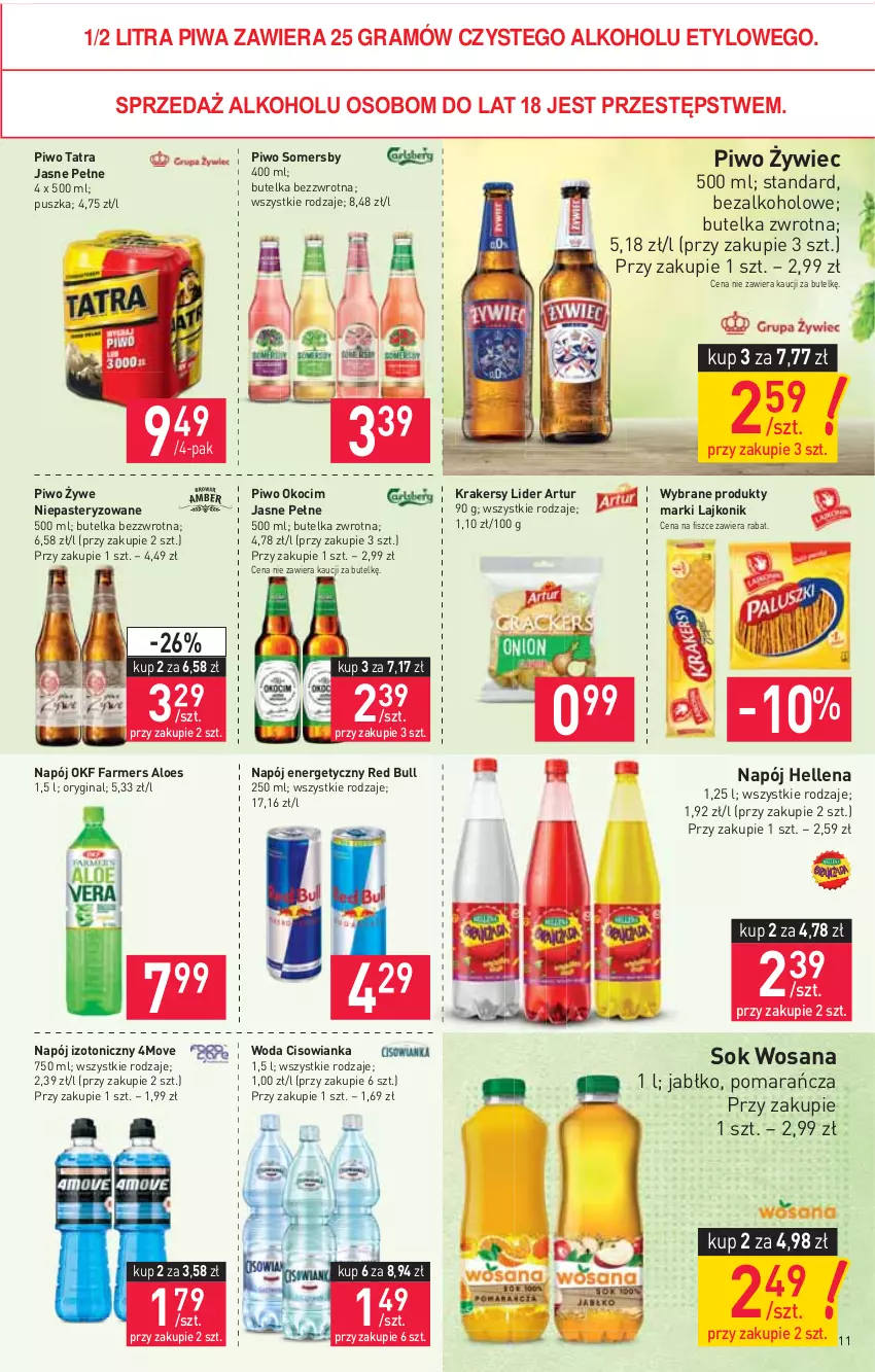 Gazetka promocyjna Stokrotka - Supermarket - ważna 21.01 do 27.01.2021 - strona 11 - produkty: Artur, Cisowianka, Fa, Farmers Aloes, Gin, Gra, Hellena, Koc, Krakersy, Lajkonik, Napój, Napój energetyczny, Napój izotoniczny, Okocim, Piwa, Piwo, Red Bull, Sok, Somersby, Tatra, Woda, Wosana