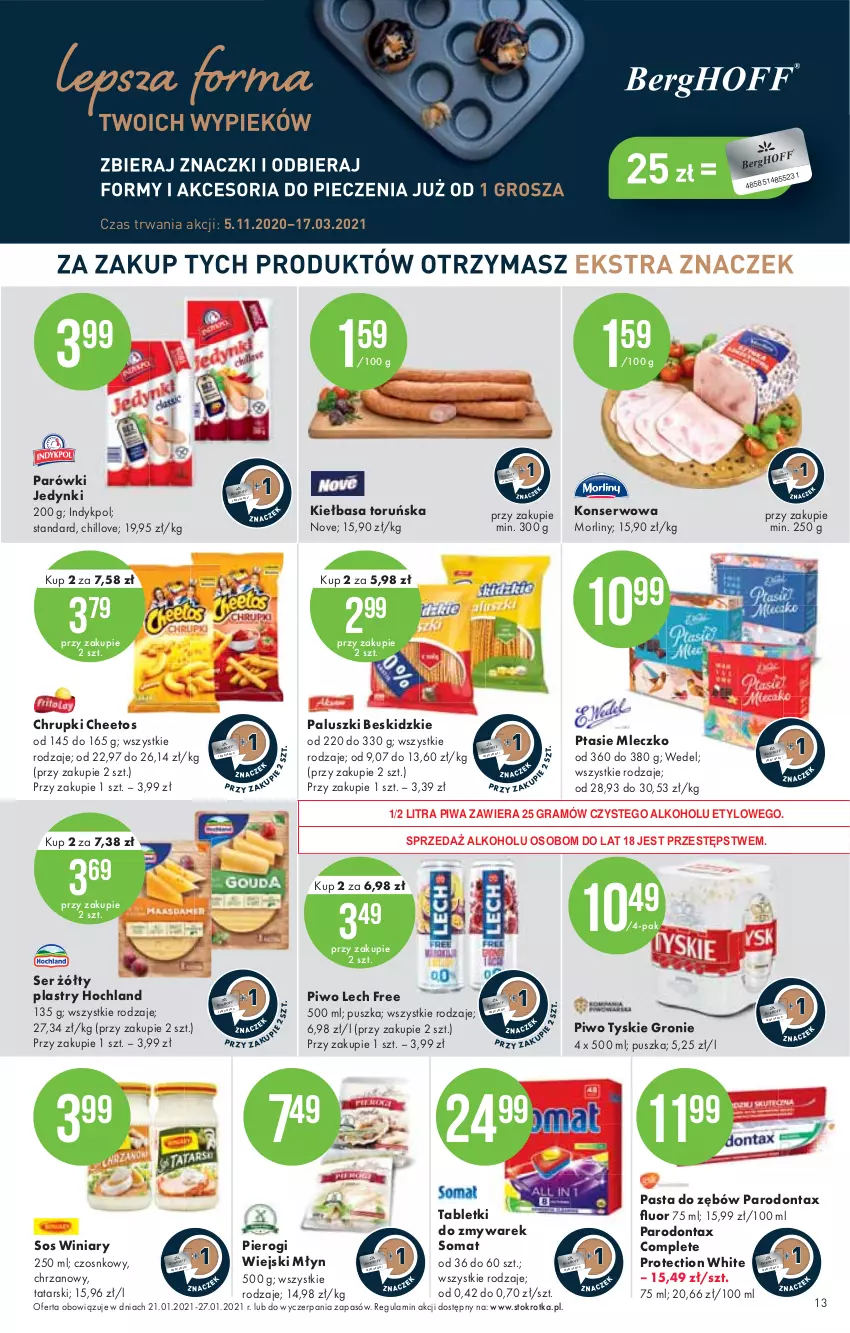 Gazetka promocyjna Stokrotka - Supermarket - ważna 21.01 do 27.01.2021 - strona 13 - produkty: Beskidzki, Cheetos, Chrupki, Chrzan, Gra, Hochland, Kiełbasa, Mleczko, Morliny, Parodontax, Parówki, Pasta do zębów, Pierogi, Piwa, Piwo, Ptasie mleczko, Ser, Somat, Sos, Tablet, Tyskie, Winiary