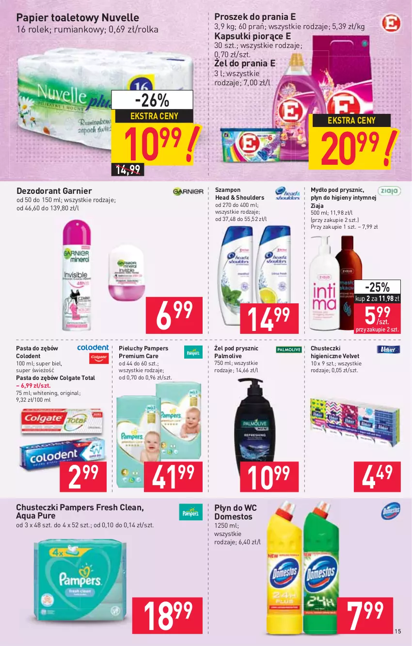 Gazetka promocyjna Stokrotka - Supermarket - ważna 21.01 do 27.01.2021 - strona 15 - produkty: Chusteczki, Colgate, Colgate Total, Dezodorant, Domestos, Garnier, Gin, LG, Mydło, Palmolive, Pampers, Papier, Papier toaletowy, Pasta do zębów, Pieluchy, Płyn do higieny intymnej, Płyn do wc, Proszek do prania, Pur, Rum, Szampon, Velvet, Ziaja