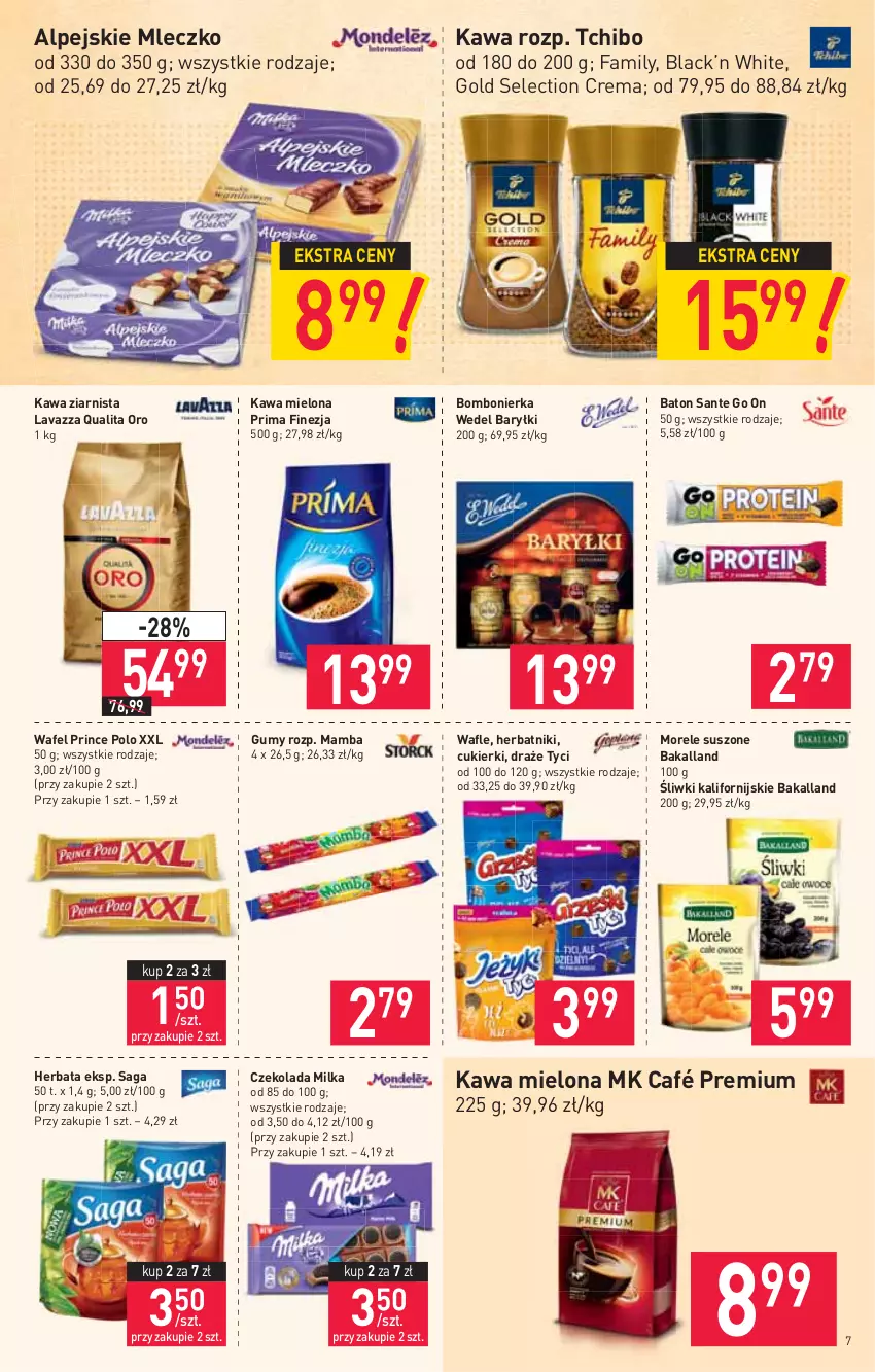 Gazetka promocyjna Stokrotka - Supermarket - ważna 21.01 do 27.01.2021 - strona 7 - produkty: Bakalland, Baryłki, Baton, Cukier, Cukierki, Czekolada, Fa, Herbata, Herbatniki, Kawa, Kawa mielona, Kawa ziarnista, Lack, Lavazza, Mamba, Milka, Mleczko, Prima, Prince Polo, Saga, Sante, Tchibo, Wafle