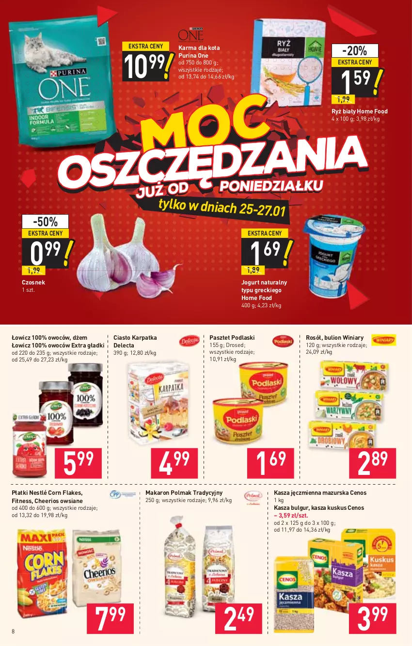 Gazetka promocyjna Stokrotka - Supermarket - ważna 21.01 do 27.01.2021 - strona 8 - produkty: Bulgur, Bulion, Cenos, Cheerios, Corn flakes, Czosnek, Delecta, Dżem, Jogurt, Jogurt naturalny, Karp, Kasza, Kasza jęczmienna, Kuskus, LG, Lion, Makaron, Nestlé, Olma, Pasztet, Podlaski, Pur, Purina, Rosół, Ryż, Ryż biały, Winiary