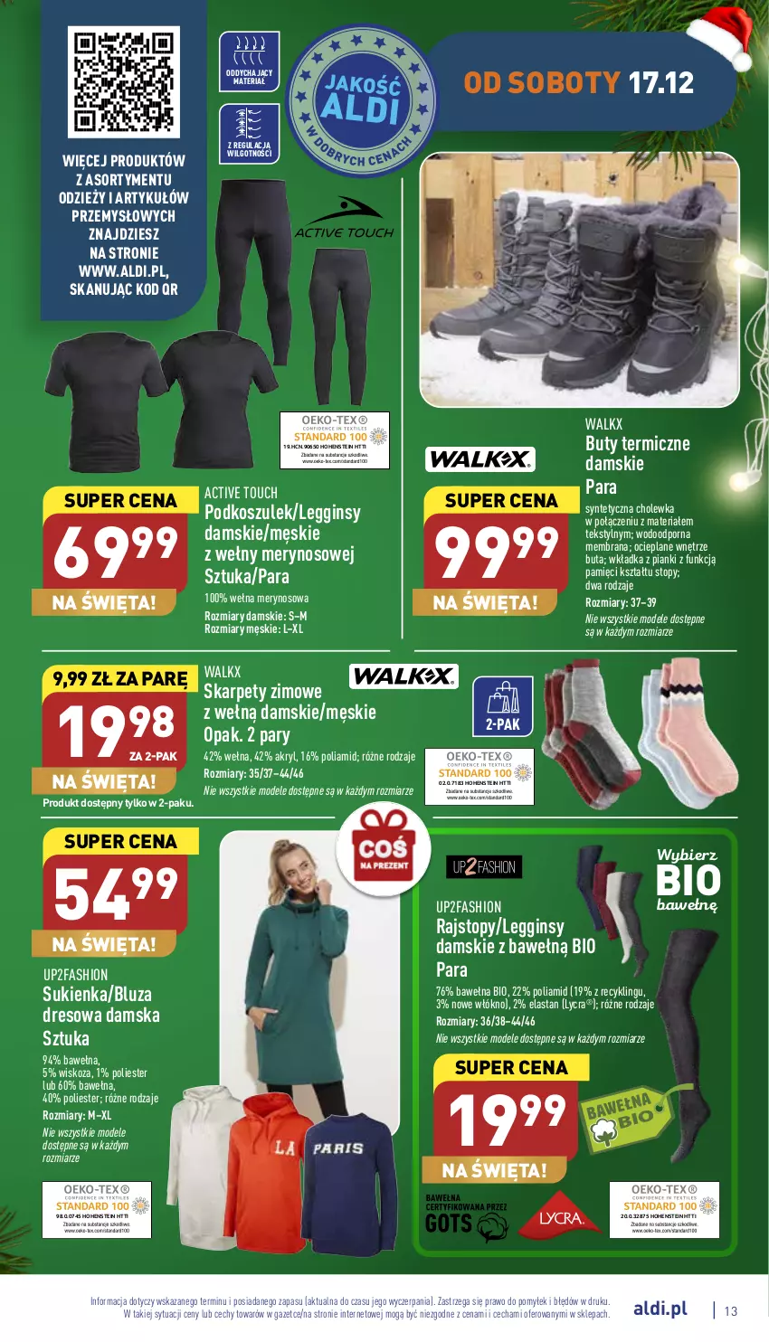 Gazetka promocyjna Aldi - Zaplanuj zakupy wcześniej - ważna 14.12 do 18.12.2022 - strona 13 - produkty: Bluza, Bluza dresowa, Buty, Dres, Fa, Gin, Karp, Kosz, Legginsy, LG, Podkoszulek, Por, Rajstopy, Sukienka, Top, Wełna