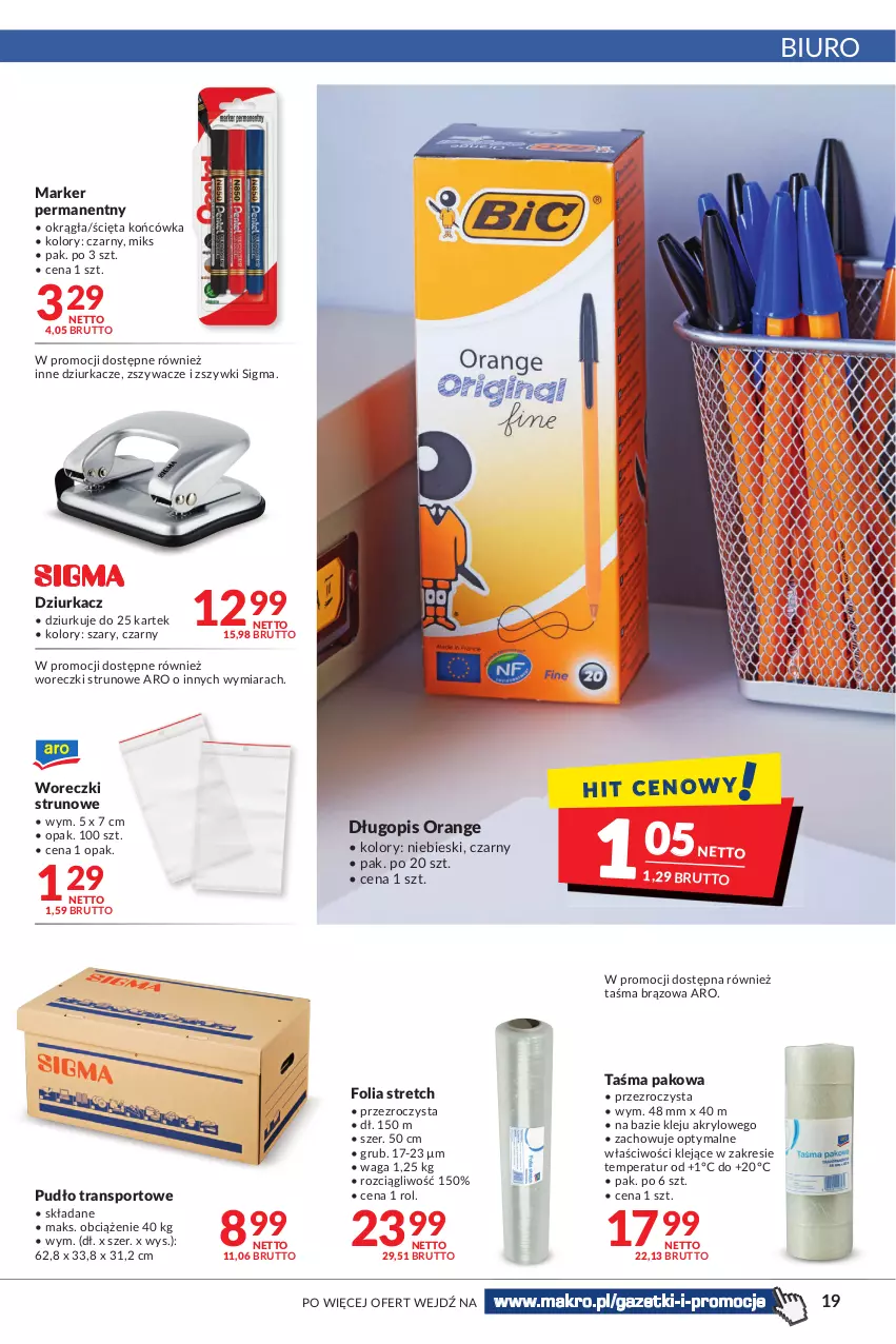 Gazetka promocyjna Makro - [Oferta promocyjna] Artykuły spożywcze i przemysłowe - ważna 19.04 do 02.05.2022 - strona 19 - produkty: Biuro, Długopis, Klej, Marker, Por, Sport, Taśma pakowa, Tran, Waga