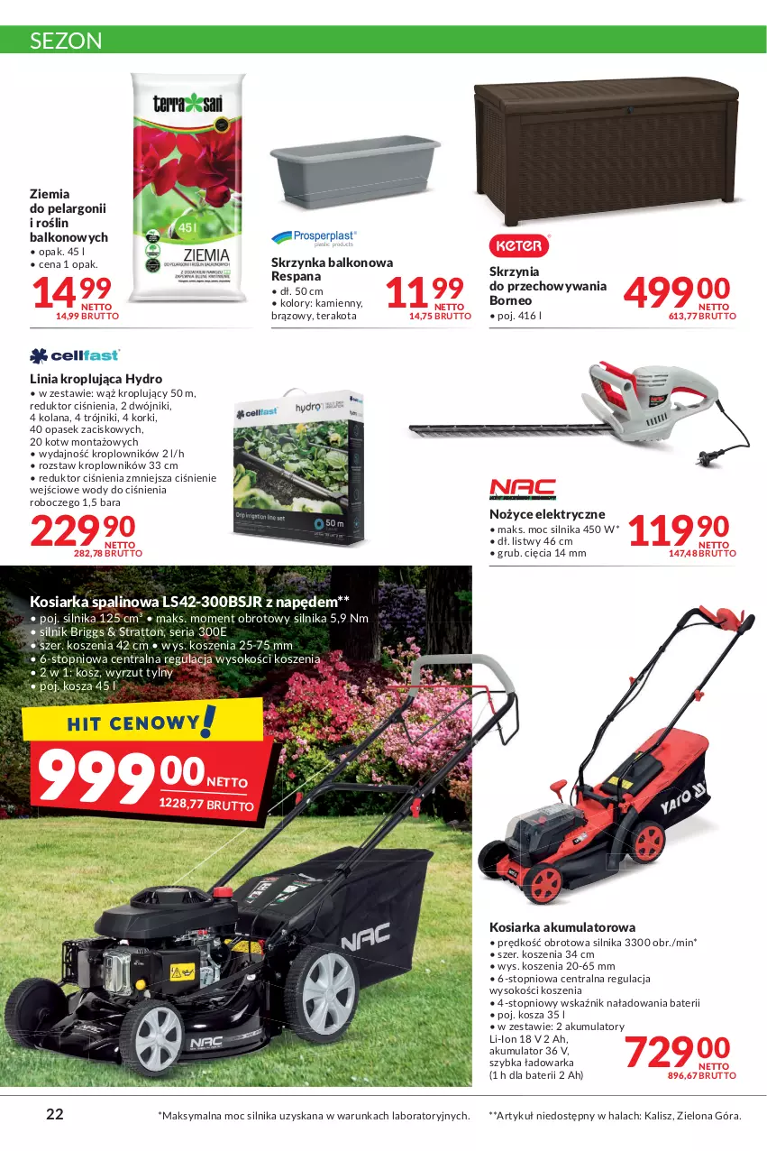 Gazetka promocyjna Makro - [Oferta promocyjna] Artykuły spożywcze i przemysłowe - ważna 19.04 do 02.05.2022 - strona 22 - produkty: Akumulator, Kosiarka, Kosz, LANA, Noż, Nożyce, Pasek, Ser, Sok, Tera, Top, Warka