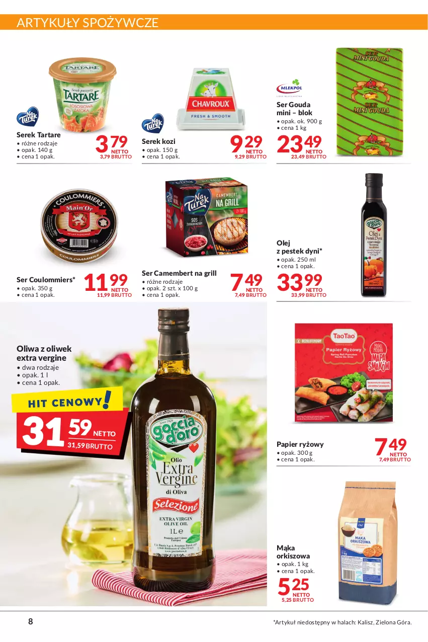 Gazetka promocyjna Makro - [Oferta promocyjna] Artykuły spożywcze i przemysłowe - ważna 19.04 do 02.05.2022 - strona 8 - produkty: Artykuły spożywcze, Camembert, Gin, Gouda, Grill, Mąka, Olej, Oliwa z oliwek, Papier, Papier ryżowy, Ryż, Ser, Serek, Stek, Tarta, Tartare