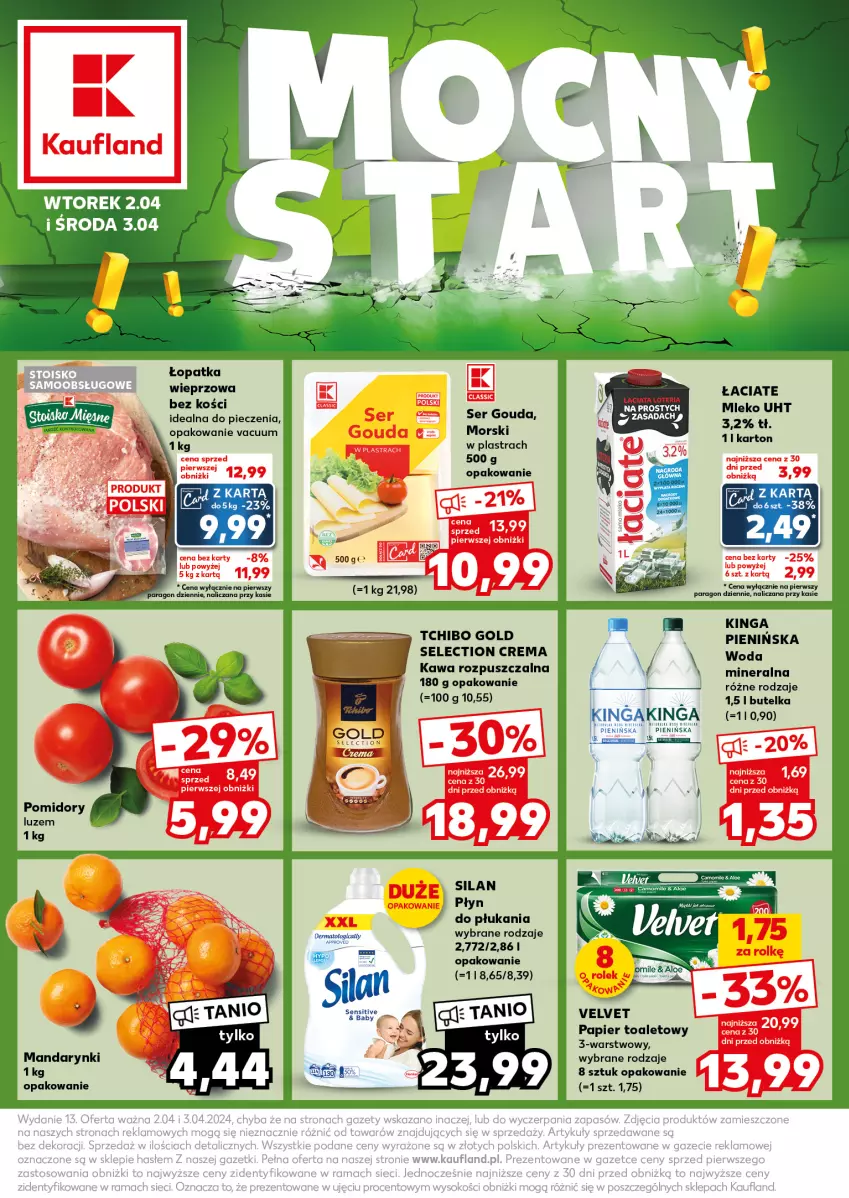 Gazetka promocyjna Kaufland - Kaufland - ważna 02.04 do 03.04.2024 - strona 1 - produkty: Gouda, Kawa, Kawa rozpuszczalna, Mandarynki, Mleko, Papier, Papier toaletowy, Piec, Płyn do płukania, Pomidory, Rum, Ser, Silan, Tchibo, Velvet, Woda, Woda mineralna