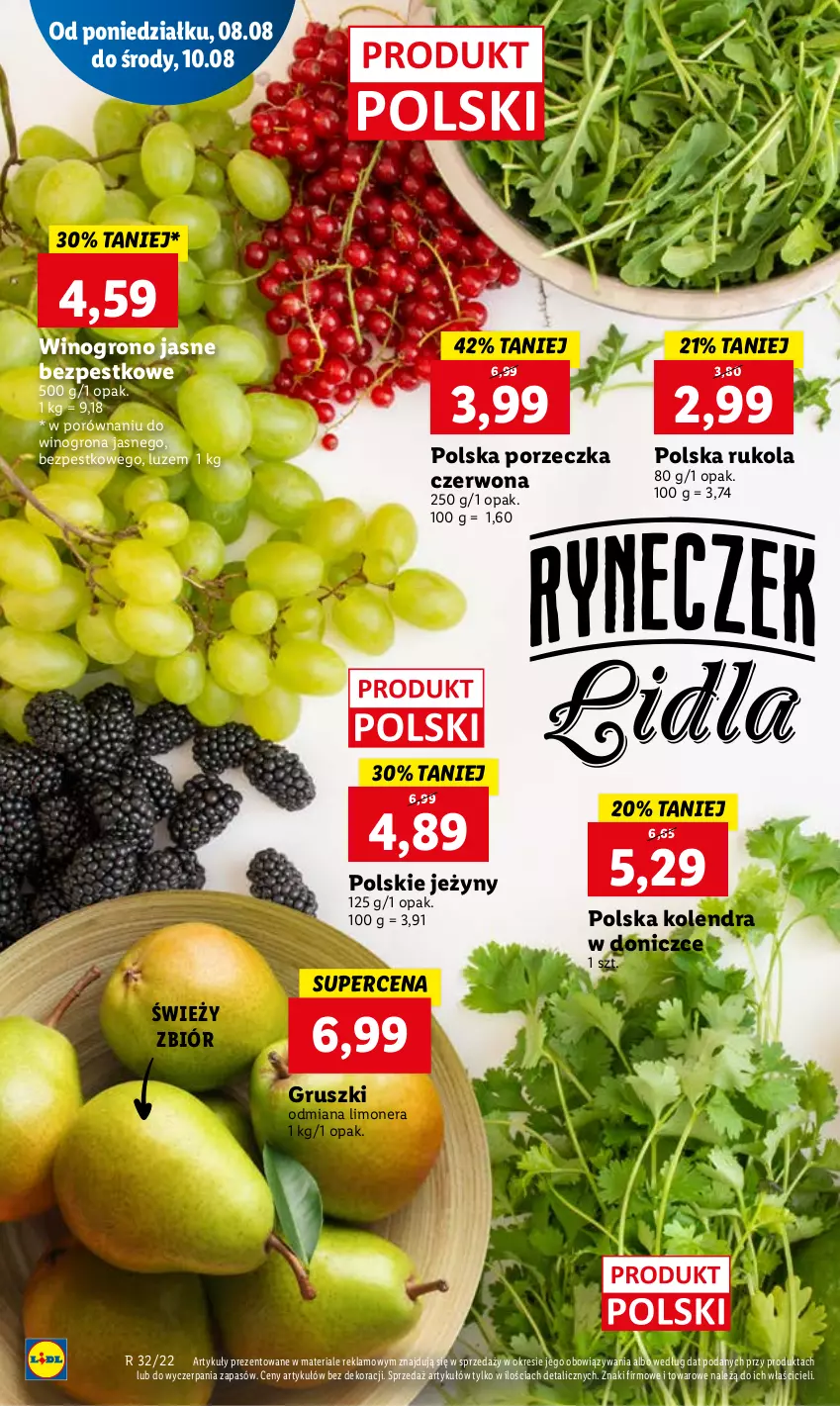 Gazetka promocyjna Lidl - GAZETKA - ważna 08.08 do 10.08.2022 - strona 10 - produkty: Gruszki, Jeżyny, Kolendra, Por, Rukola, Wino, Winogrona