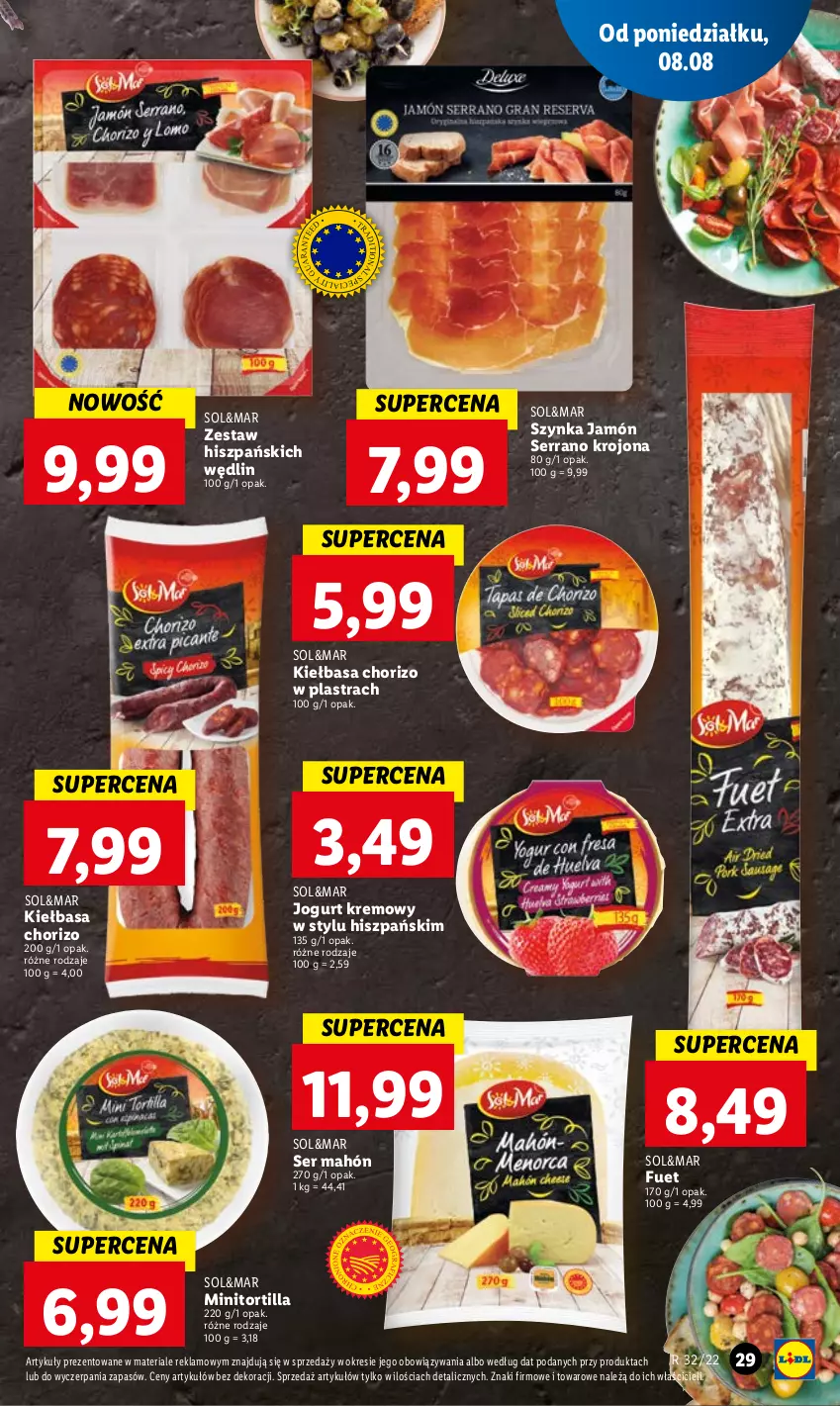 Gazetka promocyjna Lidl - GAZETKA - ważna 08.08 do 10.08.2022 - strona 31 - produkty: Jamón serrano, Jogurt, Kiełbasa, Ser, Szynka, Tortilla