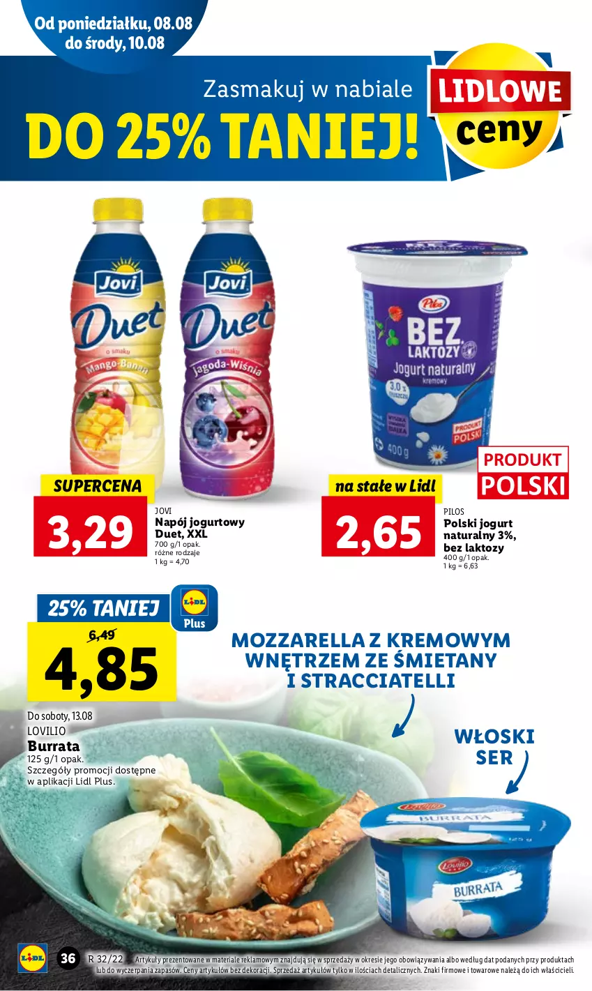 Gazetka promocyjna Lidl - GAZETKA - ważna 08.08 do 10.08.2022 - strona 38 - produkty: Burrata, Jogurt, Jogurt naturalny, Lovi, Mozzarella, Napój, Napój jogurtowy, Pilos, Ser