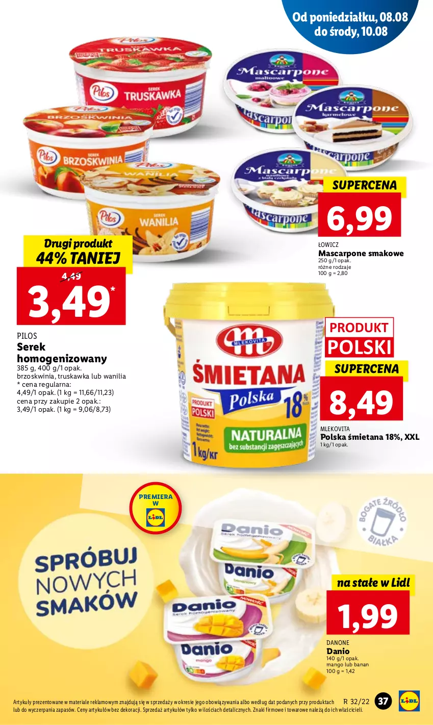 Gazetka promocyjna Lidl - GAZETKA - ważna 08.08 do 10.08.2022 - strona 39 - produkty: Danio, Danone, Mango, Mascarpone, Mleko, Mlekovita, Pilos, Ser, Serek, Serek homogenizowany