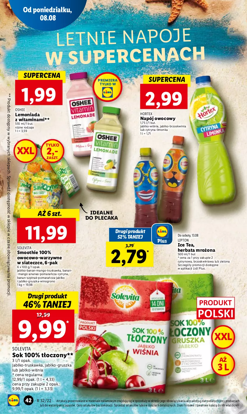 Gazetka promocyjna Lidl - GAZETKA - ważna 08.08 do 10.08.2022 - strona 44 - produkty: Ananas, Herbata, Hortex, Ice tea, Lemoniada, Limonka, Lipton, Mango, Napój, Napoje, Oshee, Plecak, Smoothie, Sok, Szpinak, Wino