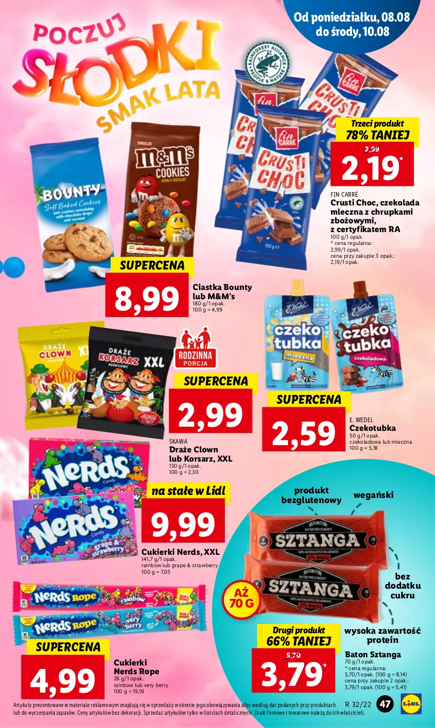 Gazetka promocyjna Lidl - GAZETKA - ważna 08.08 do 10.08.2022 - strona 49 - produkty: Baton, Bounty, Ciastka, Cukier, Cukierki, Czekolada, Czekolada mleczna, E. Wedel, Gra, Kawa, Rust, Sok