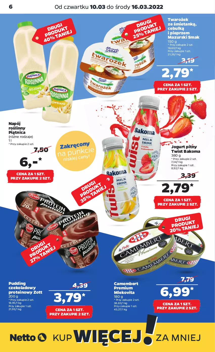 Gazetka promocyjna Netto - Gazetka spożywcza 10.03-16.03 - ważna 10.03 do 16.03.2022 - strona 6 - produkty: Bakoma, Camembert, Jogurt, Jogurt pitny, Mleko, Mlekovita, Napój, Napój roślinny, Piątnica, Pieprz, Pudding, Zott