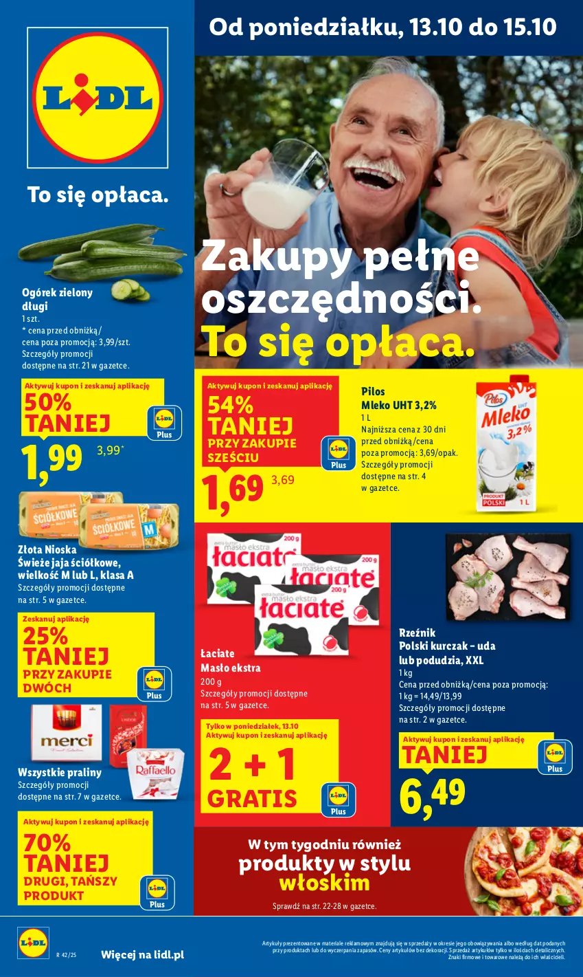 Gazetka promocyjna Lidl - GAZETKA - ważna 13.10 do 15.10.2025 - strona 1 - produkty: Gra, Jaja, Kurczak, Masło, Mleko, Ogórek, Pilos, Praliny