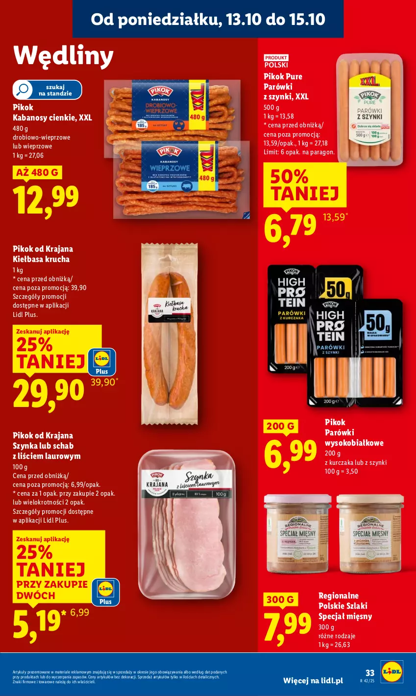 Gazetka promocyjna Lidl - GAZETKA - ważna 13.10 do 15.10.2025 - strona 33 - produkty: Kabanos, Kiełbasa, Kiełbasa krucha, Kurczak, Laur, Parówki, Parówki z szynki, PIKOK, Pur, Sok, Szynka