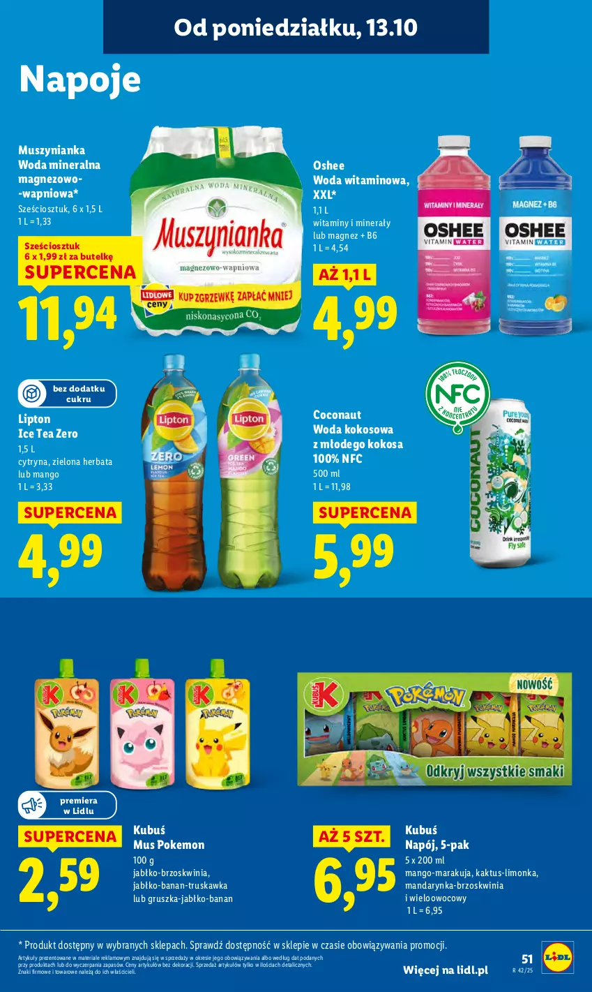 Gazetka promocyjna Lidl - GAZETKA - ważna 13.10 do 15.10.2025 - strona 51 - produkty: Herbata, Ice tea, Kaktus, Kokos, Kubuś, Limonka, Lipton, Magnez, Mango, Mus, Muszynianka, Napój, Napoje, Oshee, Woda, Woda mineralna