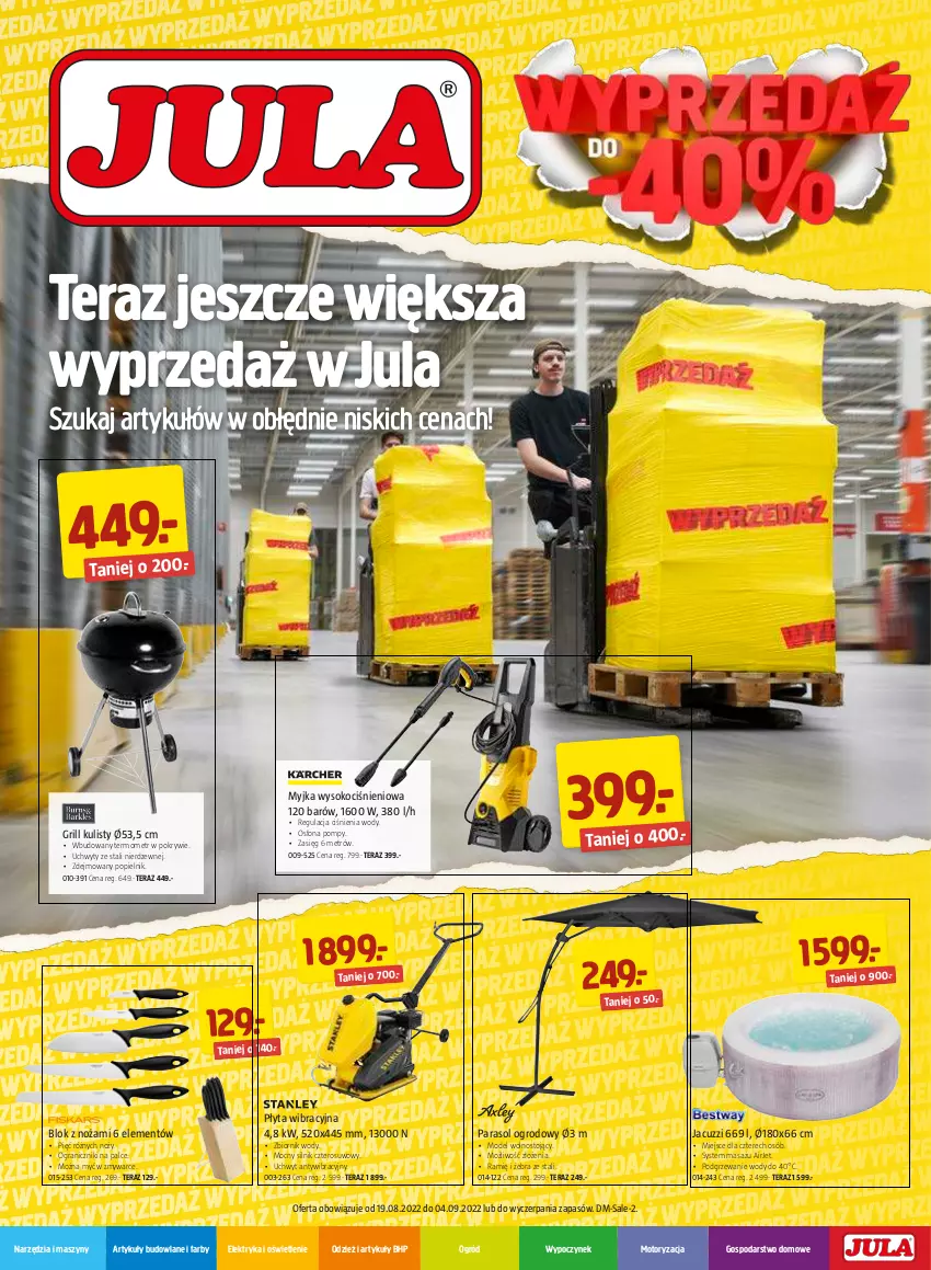 Gazetka promocyjna Jula - Gazetka - ważna 19.08 do 04.09.2022 - strona 1 - produkty: Artykuły budowlane, Fa, Gra, Grill, HP, Koc, Noż, Ogród, Parasol, Płyta, Sok, Szyny, Tera, Termometr, Uchwyty