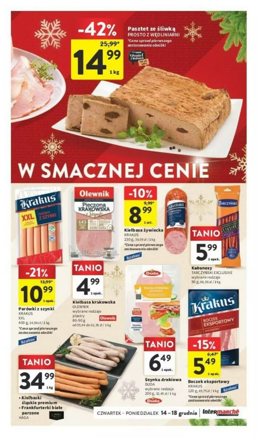 Gazetka promocyjna Intermarche - ważna 14.12 do 18.12.2023 - strona 22 - produkty: Frankfurterki, Kiełbasa, Krakus, Olewnik, Pasztet, Por, Sport, Tarczyński