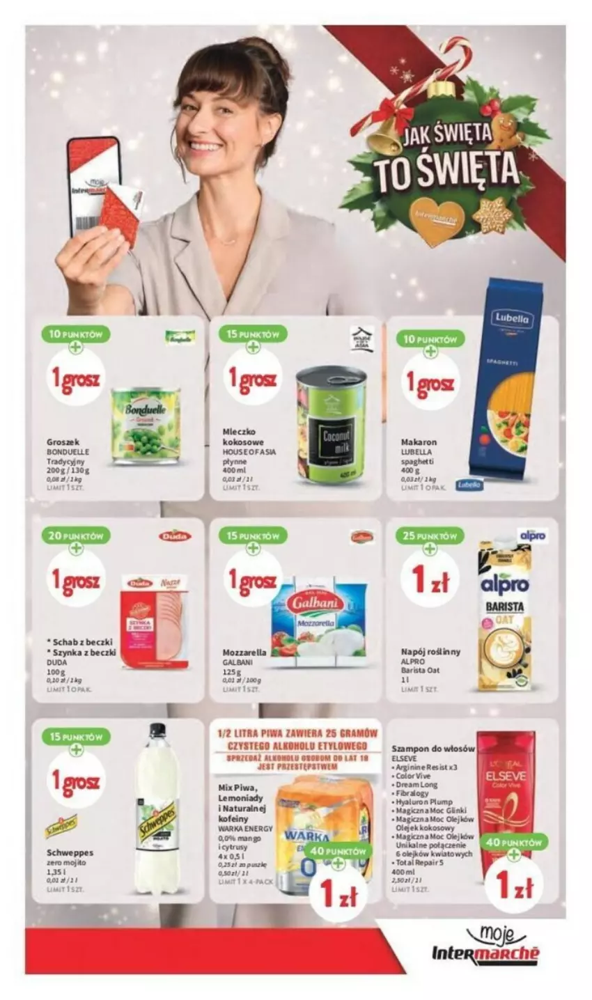 Gazetka promocyjna Intermarche - ważna 14.12 do 18.12.2023 - strona 3 - produkty: Alpro, Bell, Bella, Bonduelle, Duda, Elseve, Fa, Gra, Groszek, Kokos, Napój, Napój roślinny, Olej, Piwa, Szampon, Szynka, Szynka z beczki, Warka