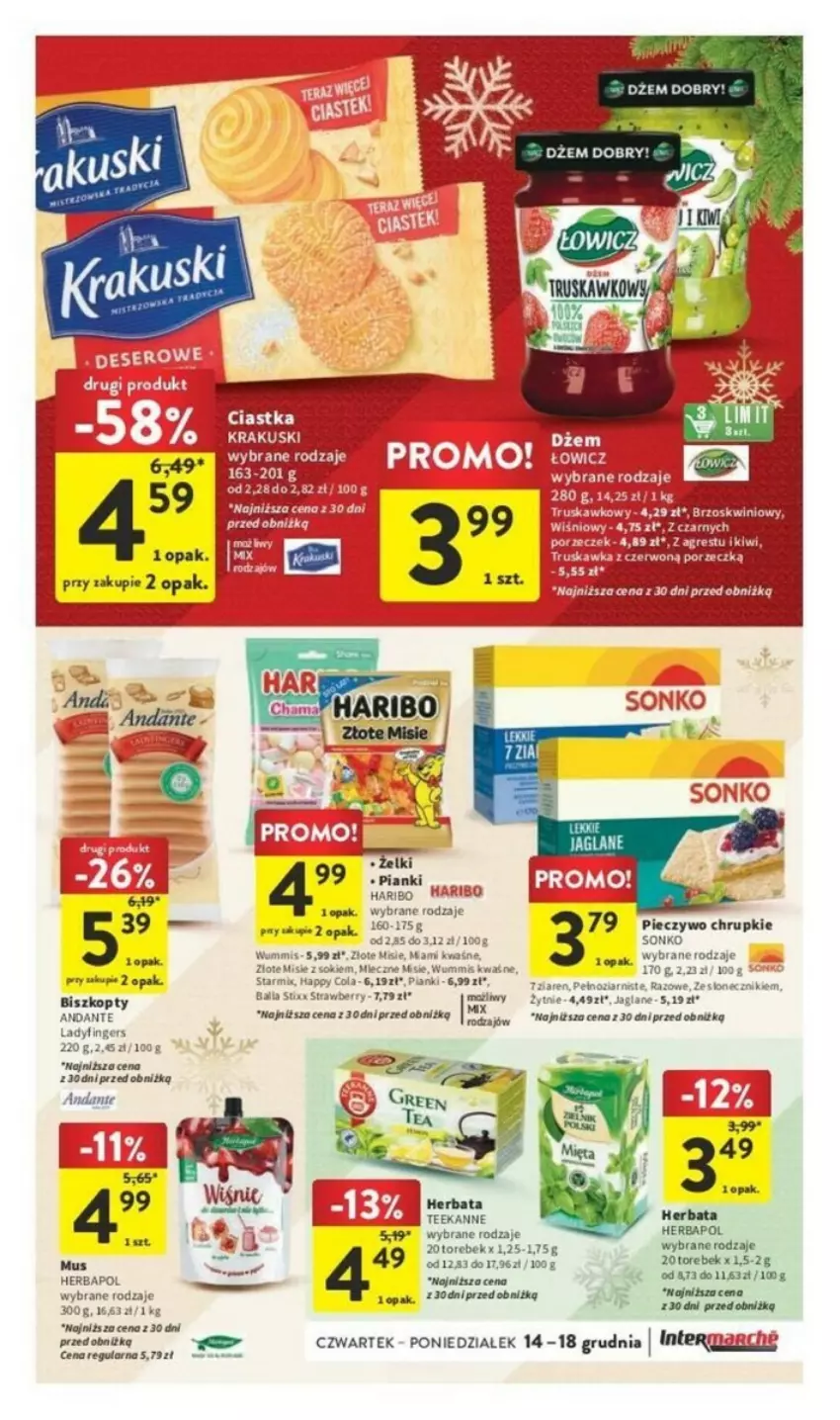 Gazetka promocyjna Intermarche - ważna 14.12 do 18.12.2023 - strona 33 - produkty: Biszkopty, Chrupki, Fa, Gres, Haribo, Herbapol, Kiwi, Mus, Piec, Pieczywo, Pieczywo chrupkie, Por, Sonko, Teekanne