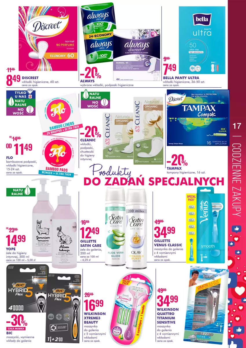 Gazetka promocyjna Super Pharm - Gazetka - ważna 02.11 do 18.11.2021 - strona 17 - produkty: Always, Bell, Bella, BIC, Chusteczki, Chusteczki do higieny, Cleanic, Discreet, Fa, Gillette, Maszynka, Maszynka do golenia, Pax, Podpaski, Sati, Szynka, Tampax, Tampony, Venus, Wkładki, Yope