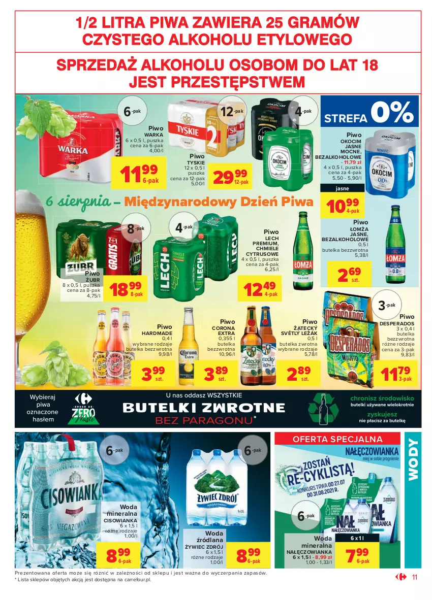 Gazetka promocyjna Carrefour - Gazetka Market - ważna 26.07 do 07.08.2021 - strona 11 - produkty: Cisowianka, Corona Extra, Desperados, Fa, Gra, Koc, LANA, Lech Premium, Nałęczowianka, Okocim, Piwa, Piwo, Tyskie, Warka, Woda, Woda mineralna