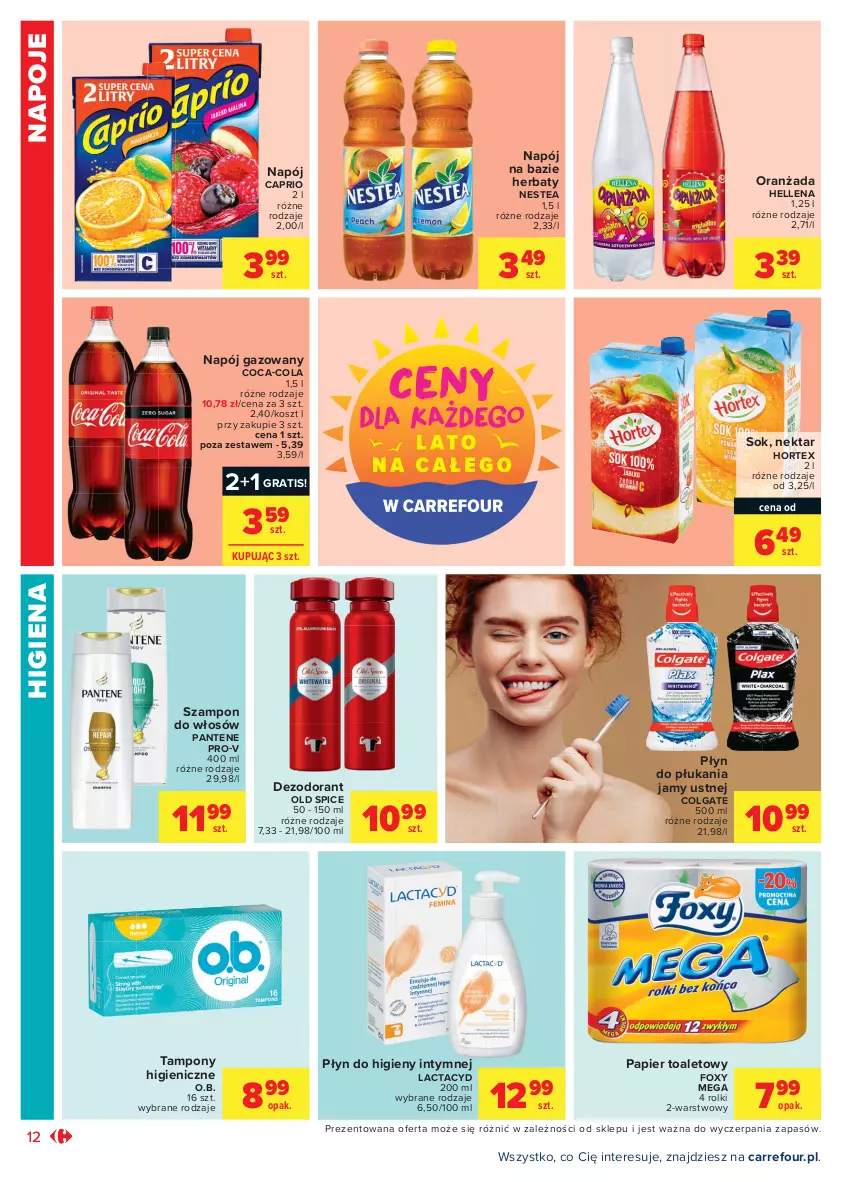 Gazetka promocyjna Carrefour - Gazetka Market - ważna 26.07 do 07.08.2021 - strona 12 - produkty: Coca-Cola, Colgate, Dezodorant, Foxy, Gra, Hellena, Hortex, Kosz, Lactacyd, LG, Napój, Napój gazowany, Napoje, Nektar, Nestea, O.B., Old Spice, Oranżada, Pantene, Papier, Papier toaletowy, Płyn do higieny intymnej, Płyn do płukania, Płyn do płukania jamy ustnej, Rolki, Sok, Szampon, Tampony