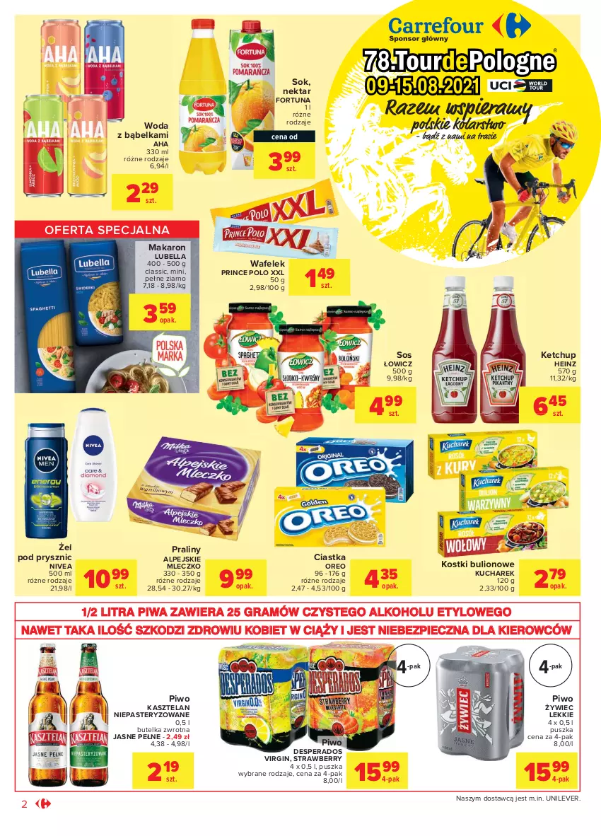 Gazetka promocyjna Carrefour - Gazetka Market - ważna 26.07 do 07.08.2021 - strona 2 - produkty: Bell, Bella, Bulion, Ciastka, Desperados, Fortuna, Gin, Gra, Heinz, Kasztelan, Ketchup, Kucharek, Lion, Lubella, Makaron, Mleczko, Nektar, Nivea, Oreo, Piec, Piwa, Piwo, Praliny, Prince Polo, Sok, Sos, Wafelek, Woda