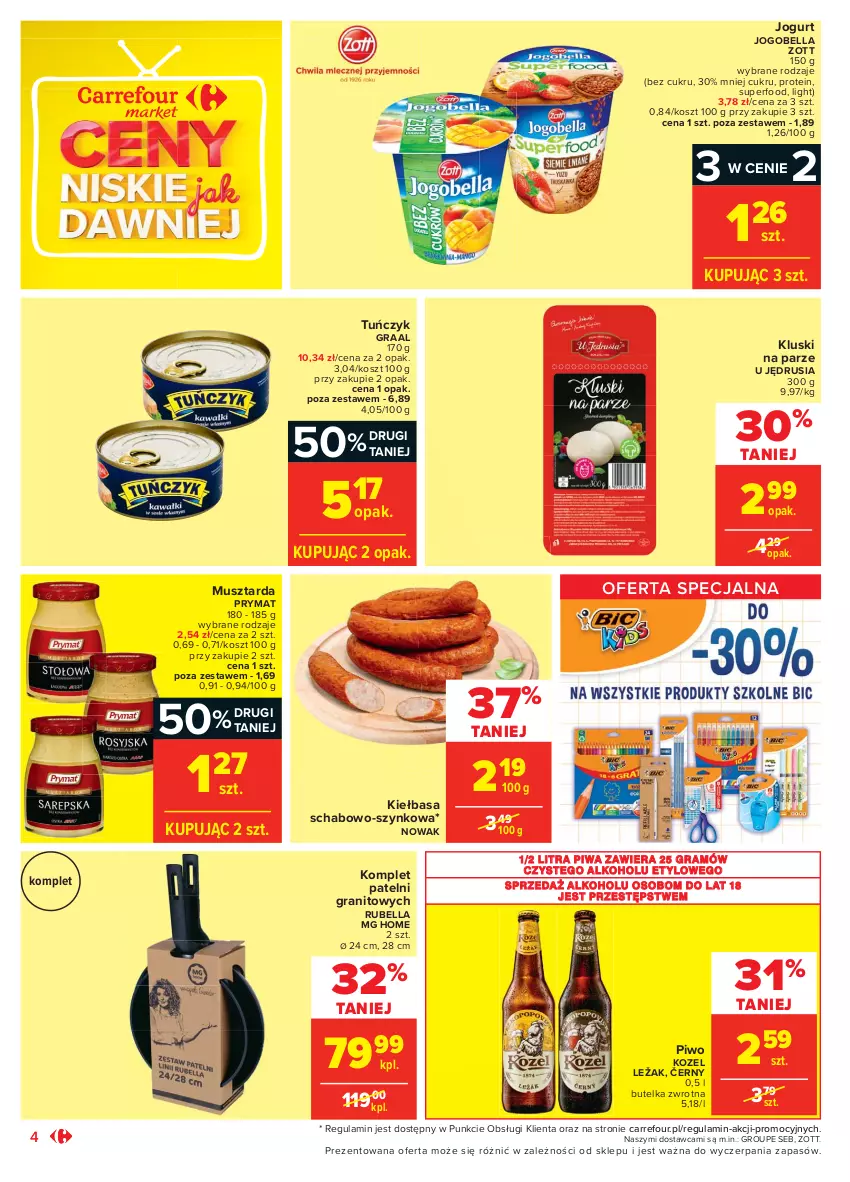 Gazetka promocyjna Carrefour - Gazetka Market - ważna 26.07 do 07.08.2021 - strona 4 - produkty: Bell, Bella, Gra, Graal, Jogobella, Jogurt, Kiełbasa, Kluski na parze, Kosz, Kozel, Mus, Musztarda, NOWAK, Piwa, Piwo, Prymat, Tuńczyk, Zott