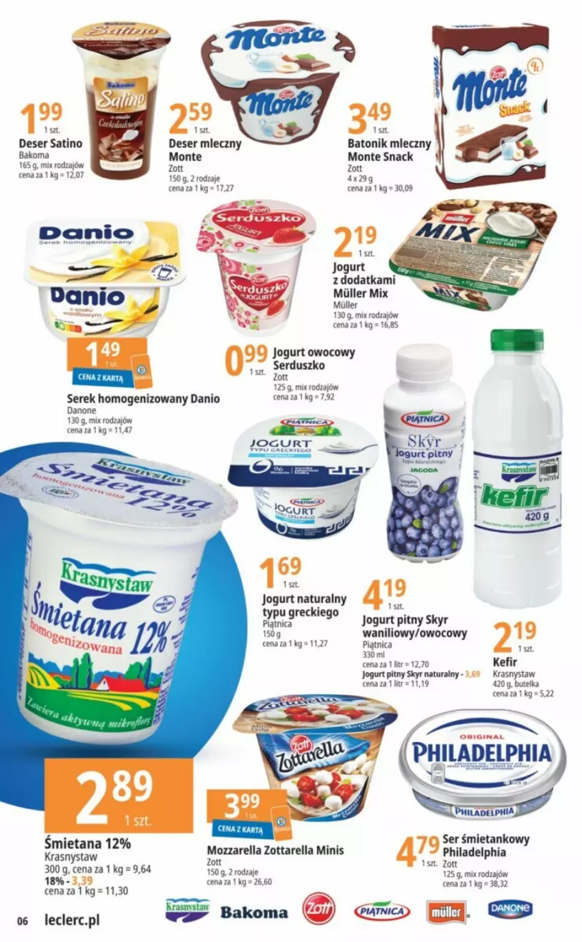 Gazetka promocyjna E Leclerc - ważna 22.08 do 02.09.2023 - strona 29 - produkty: Bakoma, Baton, Danio, Danone, Deser, Jogurt, Jogurt naturalny, Jogurt owocowy, Jogurt pitny, Monte, Mozzarella, Philadelphia, Sati, Ser, Serek, Serek homogenizowany, Tonik, Zott, Zottarella