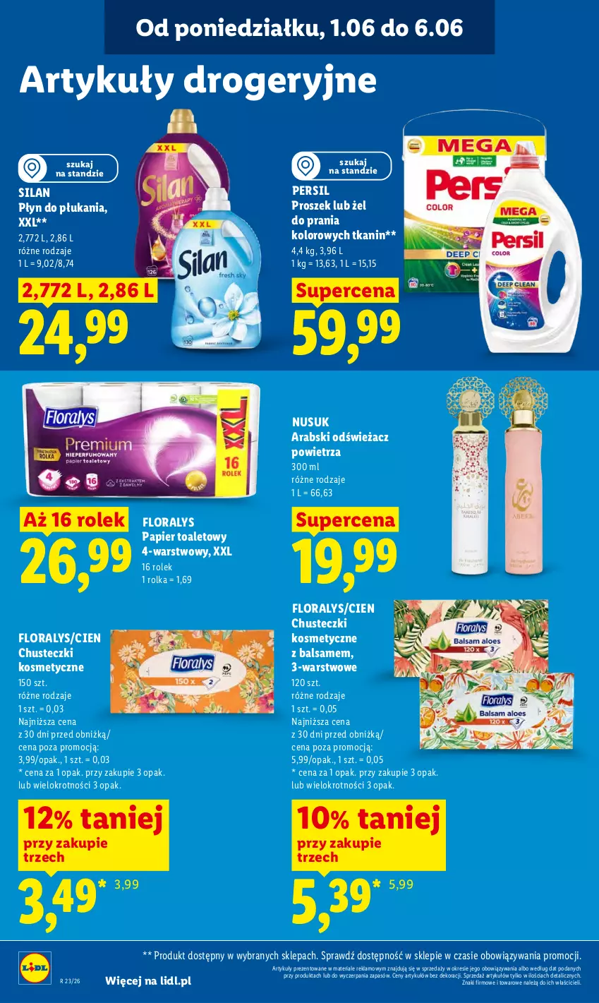 Gazetka promocyjna Lidl - Gazetka ważna od 1.06 do 3.06 - ważna 01.06 do 03.06.2026 - strona 104 - produkty: Chusteczki, Chusteczki kosmetyczne, Flora, Odświeżacz powietrza, Papier, Papier toaletowy, Persil, Płyn do płukania, Silan