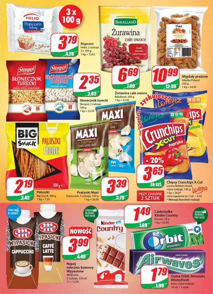 Gazetka promocyjna Dino - Gazetka - ważna 18.05 do 24.05.2022 - strona 17 - produkty: Bakalland, Chipsy, Crunchips, Ferrero, Helio, Kinder, Lorenz, Mars, Migdały, Napój, Orbit, Owoce, Popcorn, Słonecznik turecki, Słonpol