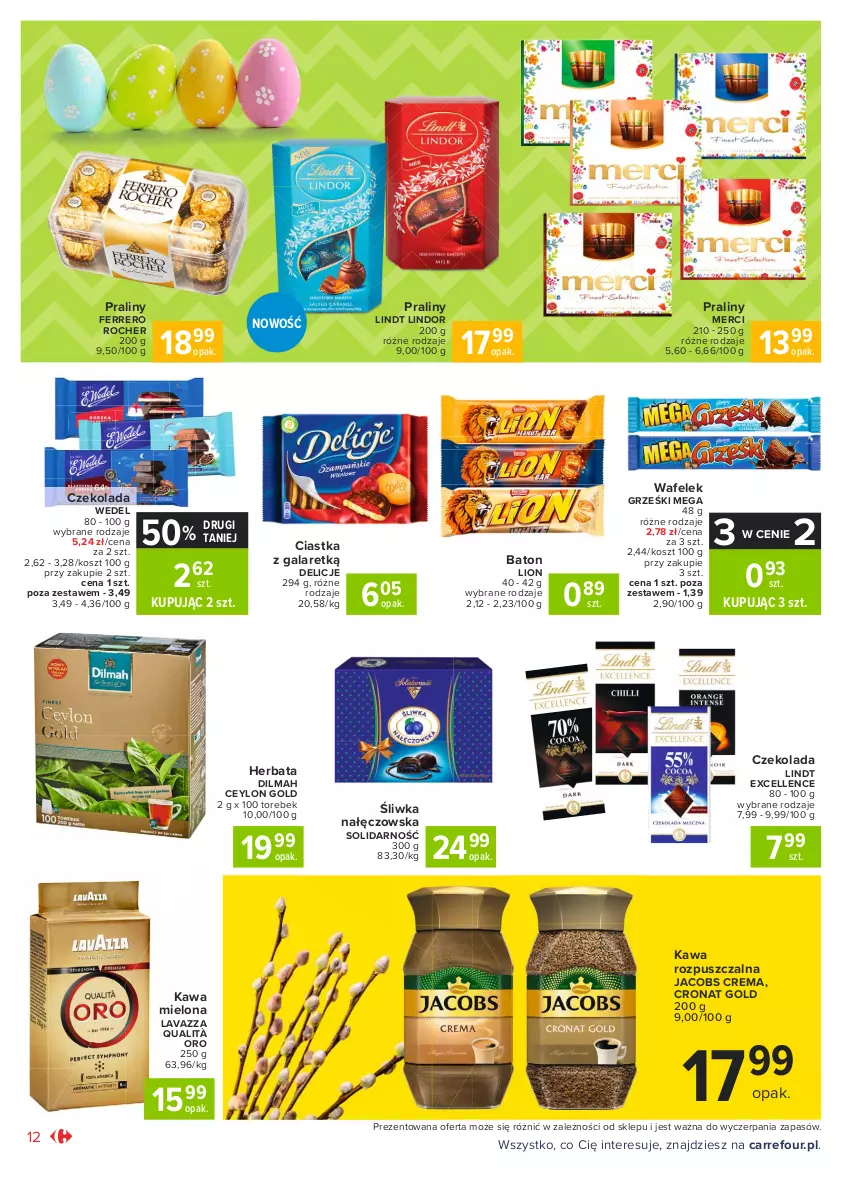 Gazetka promocyjna Carrefour - Gazetka Market - ważna 28.03 do 03.04.2021 - strona 12 - produkty: Baton, Ciastka, Czekolada, Delicje, Dilmah, Ferrero, Ferrero Rocher, Gala, Grześki, Herbata, Jacobs, Kawa, Kawa mielona, Kawa rozpuszczalna, Kosz, Lavazza, Lindor, Lindt, Lion, Merci, Praliny, Wafelek