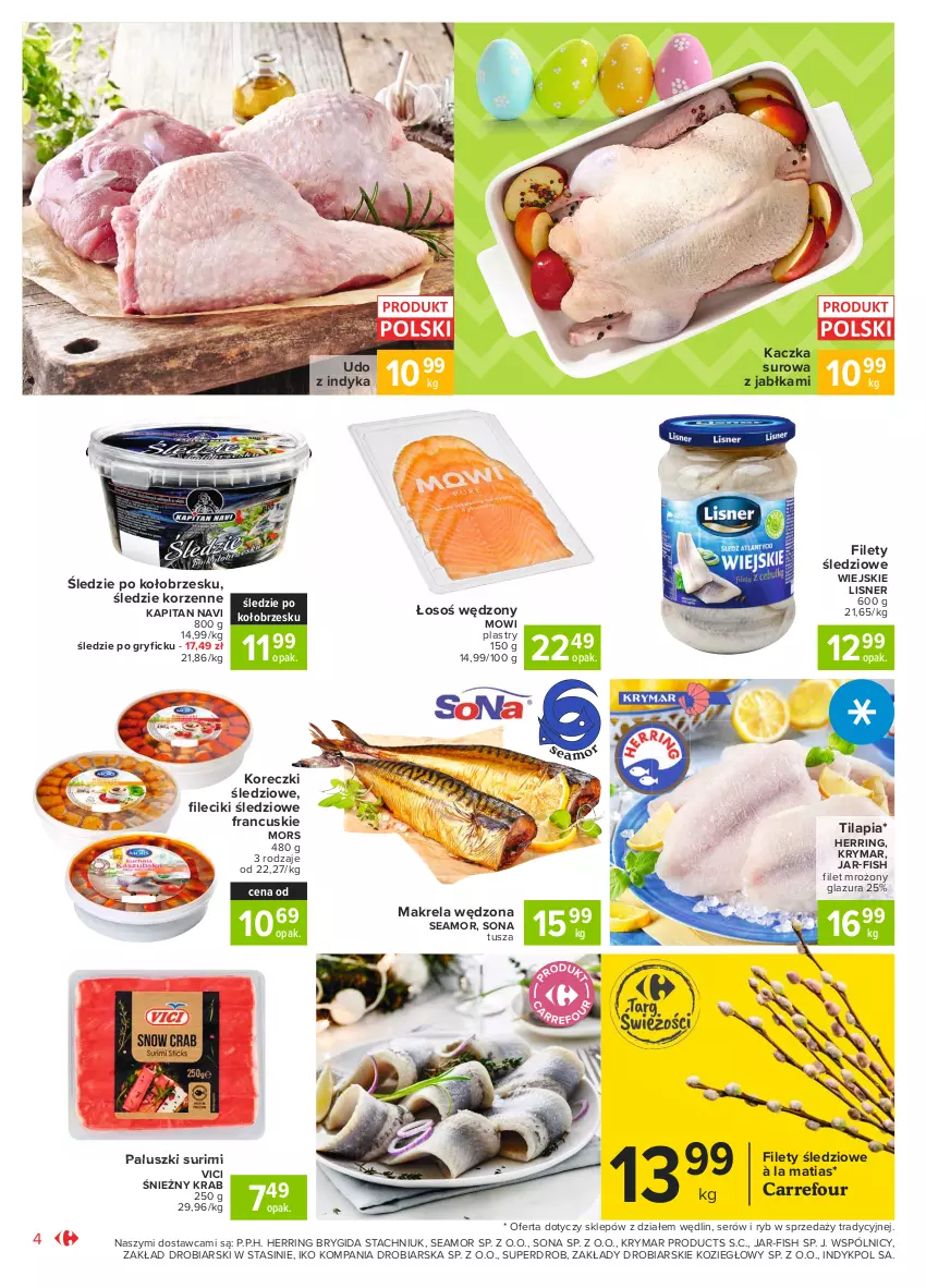 Gazetka promocyjna Carrefour - Gazetka Market - ważna 28.03 do 03.04.2021 - strona 4 - produkty: Glazura, Gry, Jabłka, Kaczka, Koreczki śledziowe, Lazur, Lisner, Ser, Surimi, Tilapia, Tusz